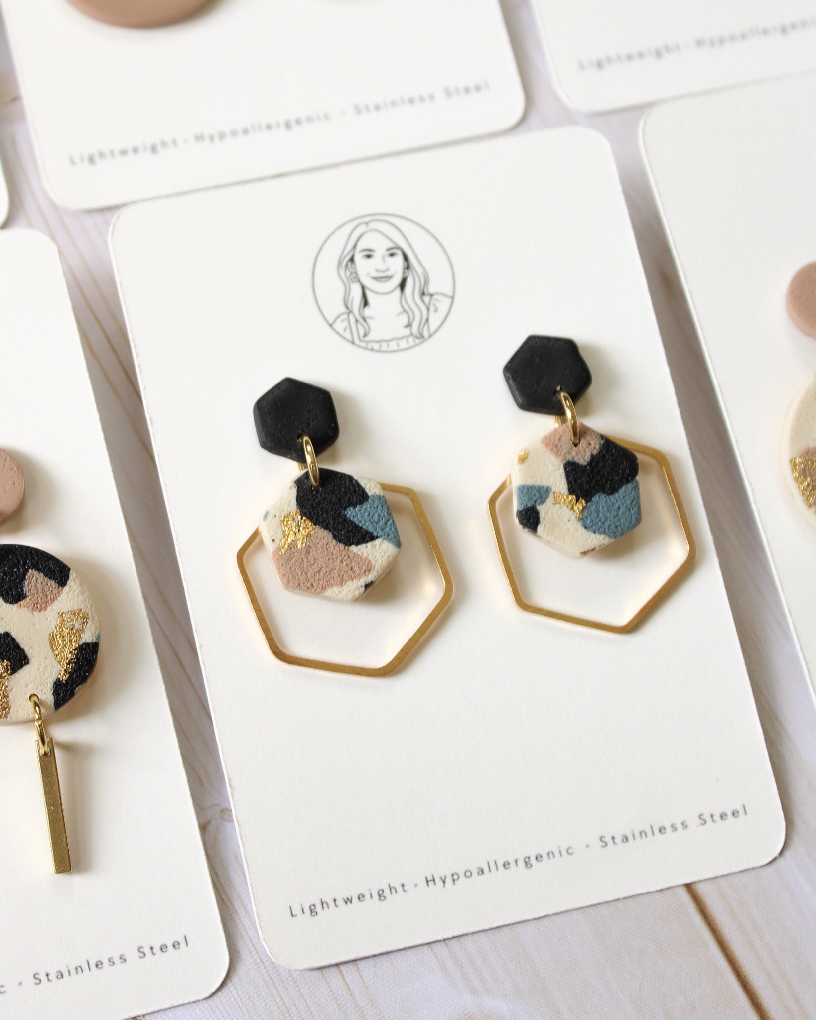 TL14 Terrazzo Marble Neutral Lightweight Hypoallergenic Earrings | Modern Blush, black & Ivory Hexagon Gold Dangle Earrings | Gift for Her | Boutique