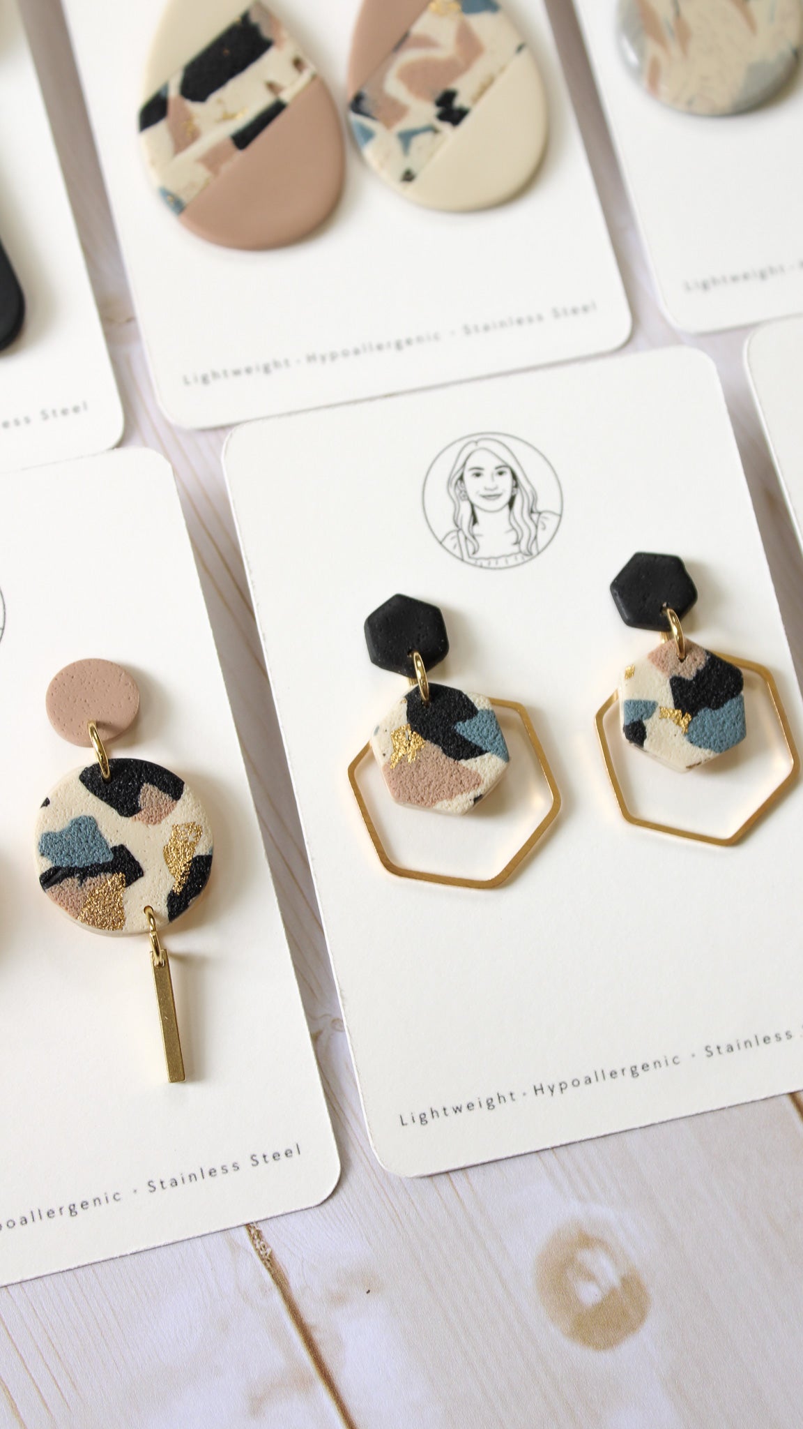 TL14 Terrazzo Marble Neutral Lightweight Hypoallergenic Earrings | Modern Blush, black & Ivory Hexagon Gold Dangle Earrings | Gift for Her | Boutique