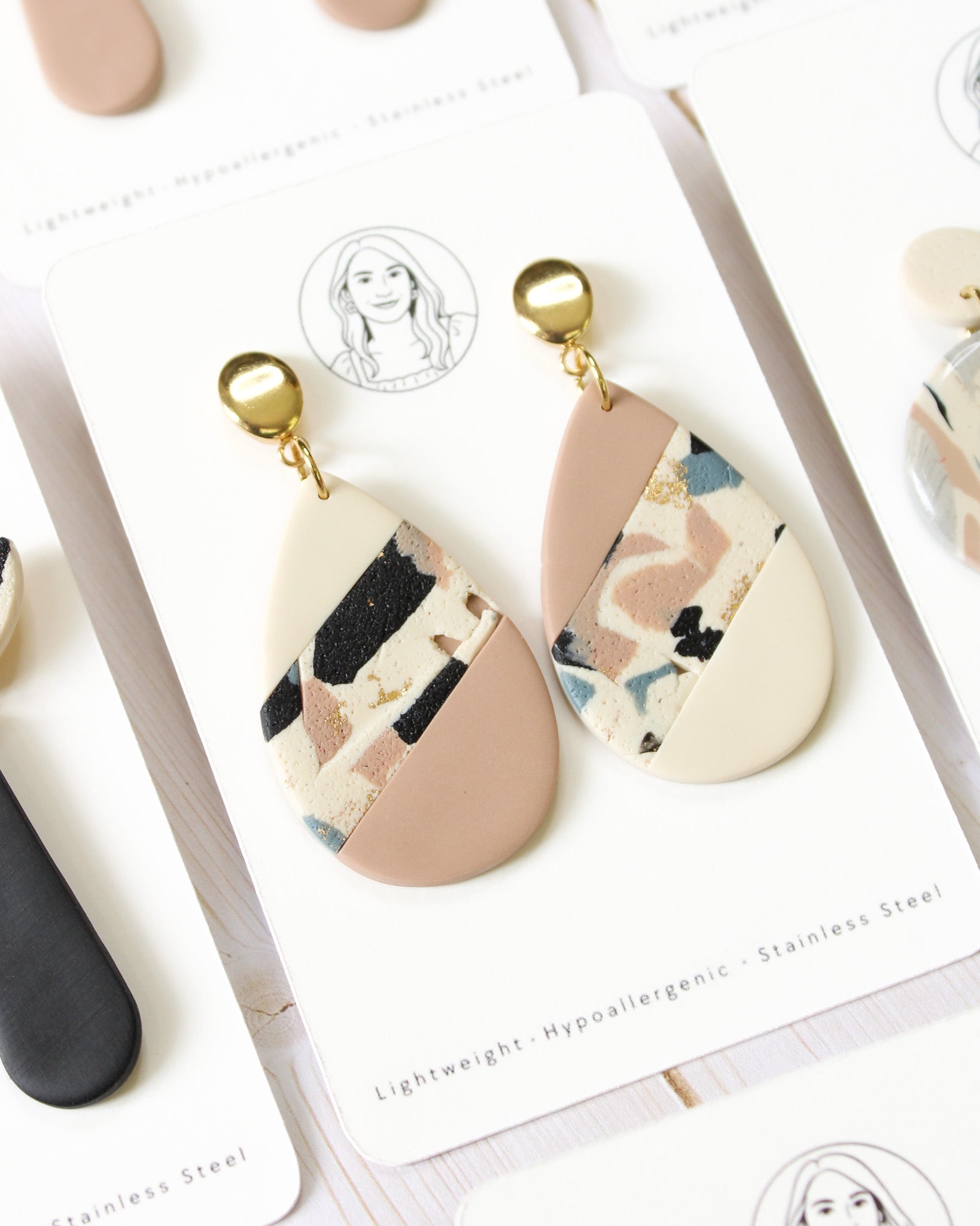 TL2 Terrazzo Neutral Lightweight Hypoallergenic Earrings | Modern Blush, black & Ivory Teardrop Dangle Earrings | Gift for Her | Boutique