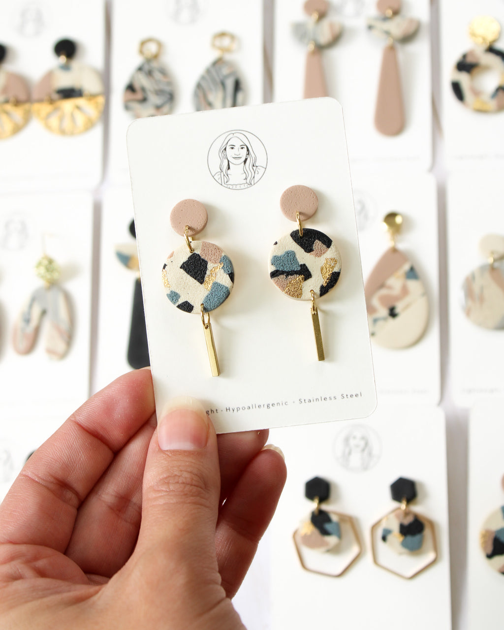 TL1 Terrazzo Neutral Lightweight Hypoallergenic Earrings | Modern Blush, black & Ivory Circle Dangle Earrings with Gold Bar | Gift for Her | Boutique