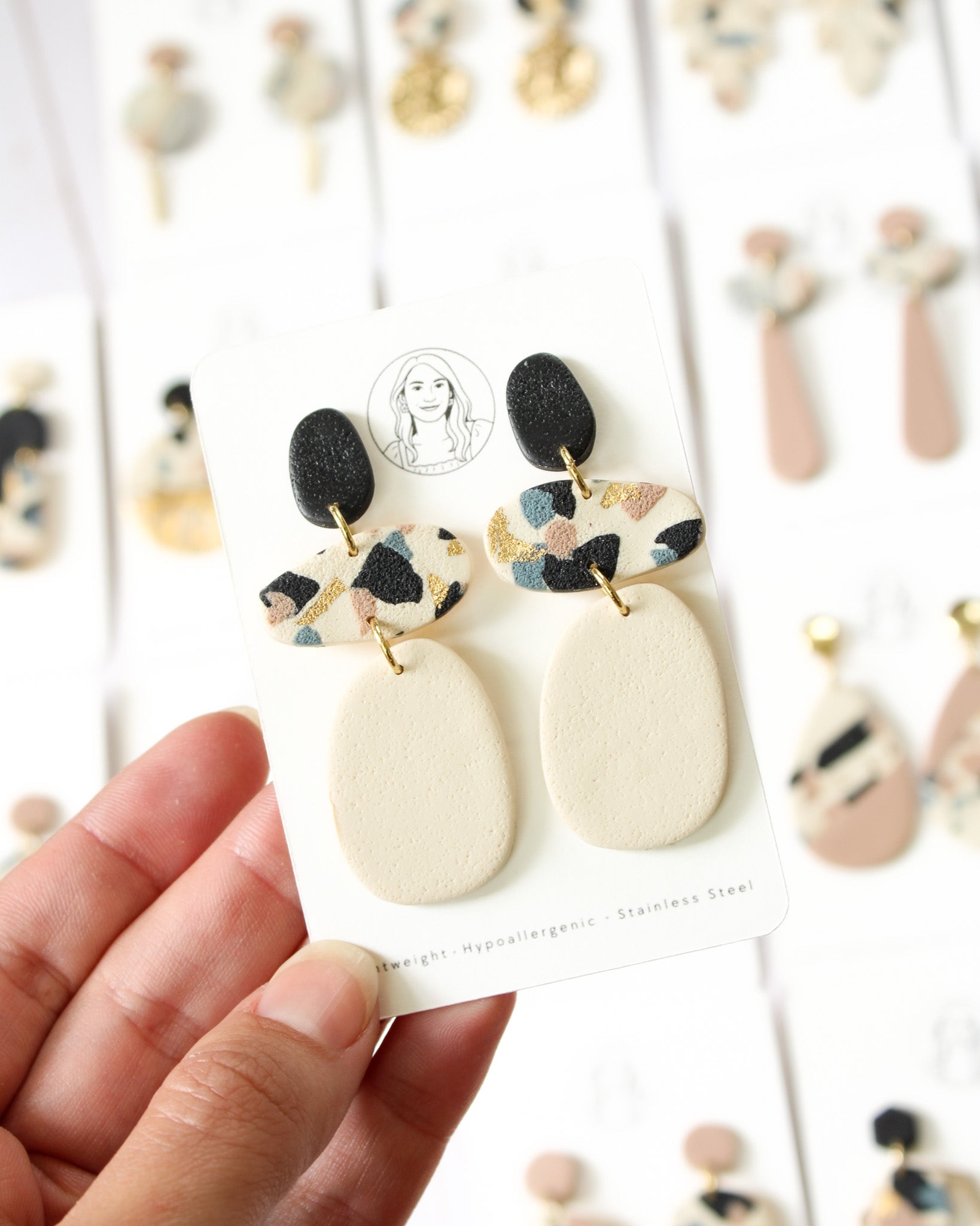 TL5 Terrazzo Neutral Lightweight Hypoallergenic Earrings | Modern Blush, black &amp; Ivory Gold Dangle Earrings | Gift for Her | Boutique