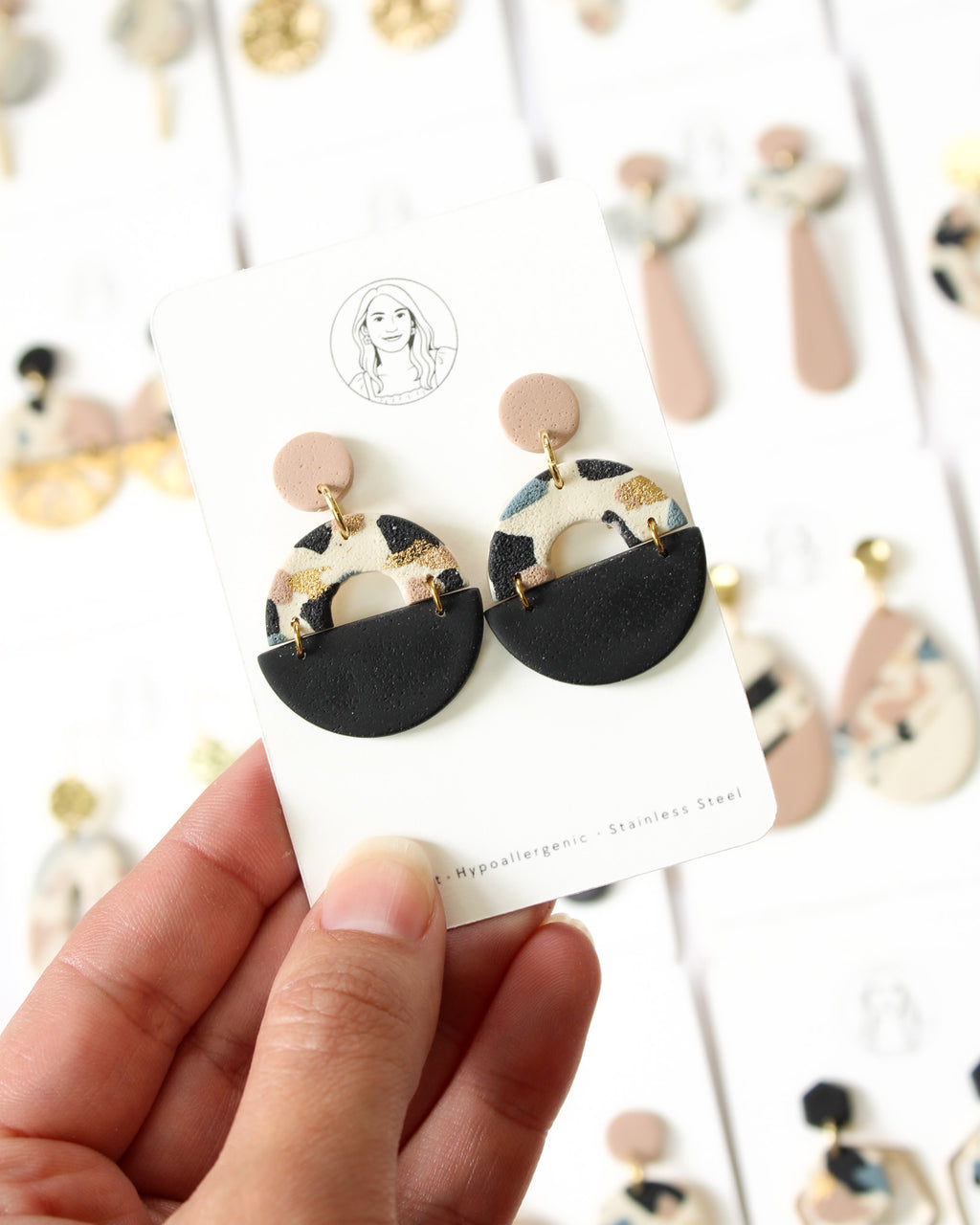 TL9 Terrazzo Marble Neutral Lightweight Hypoallergenic Earrings | Modern Blush, black & Ivory Gold Dangle Earrings | Gift for Her | Boutique