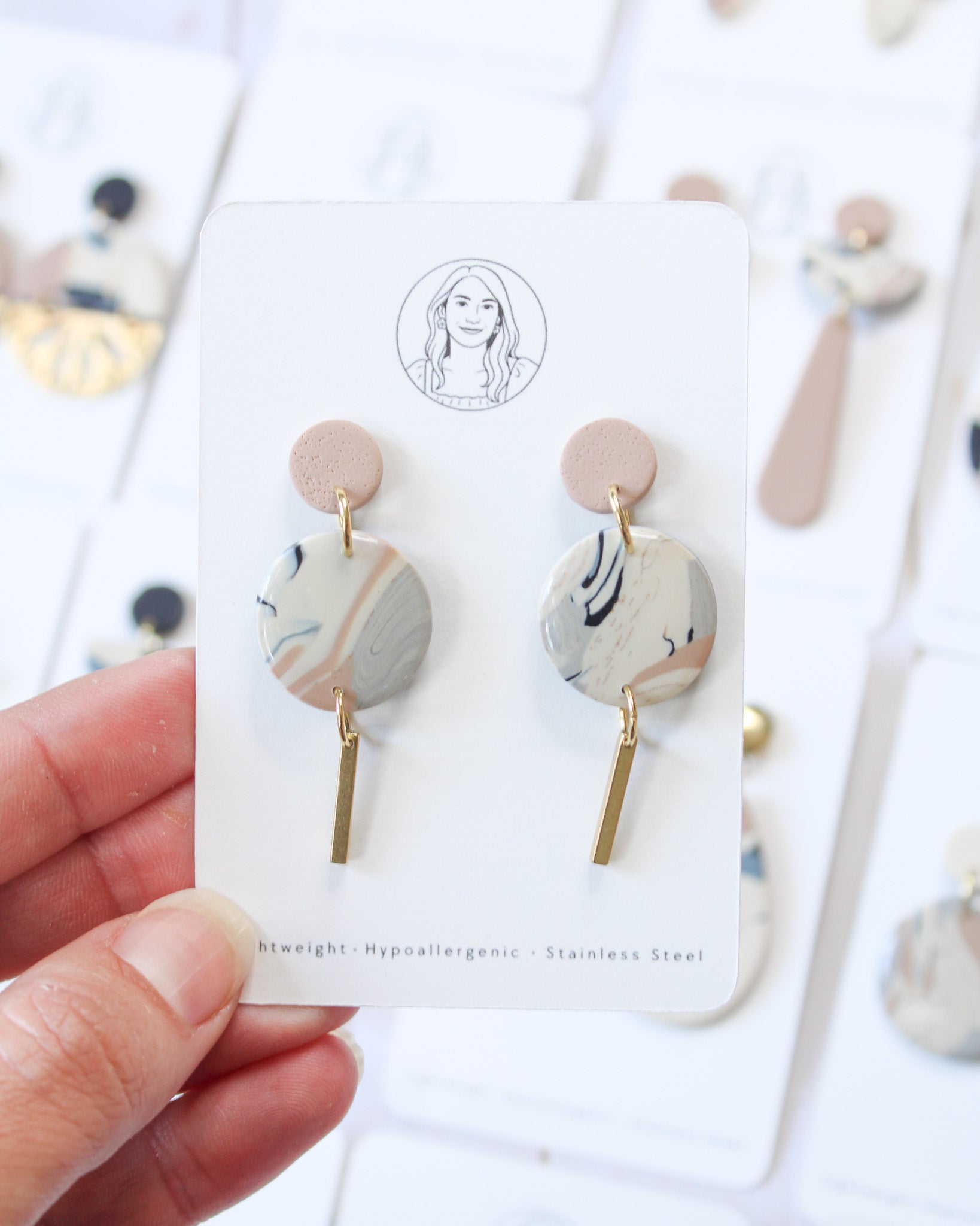TL1 Terrazzo Neutral Lightweight Hypoallergenic Earrings | Modern Blush, black & Ivory Circle Dangle Earrings with Gold Bar | Gift for Her | Boutique