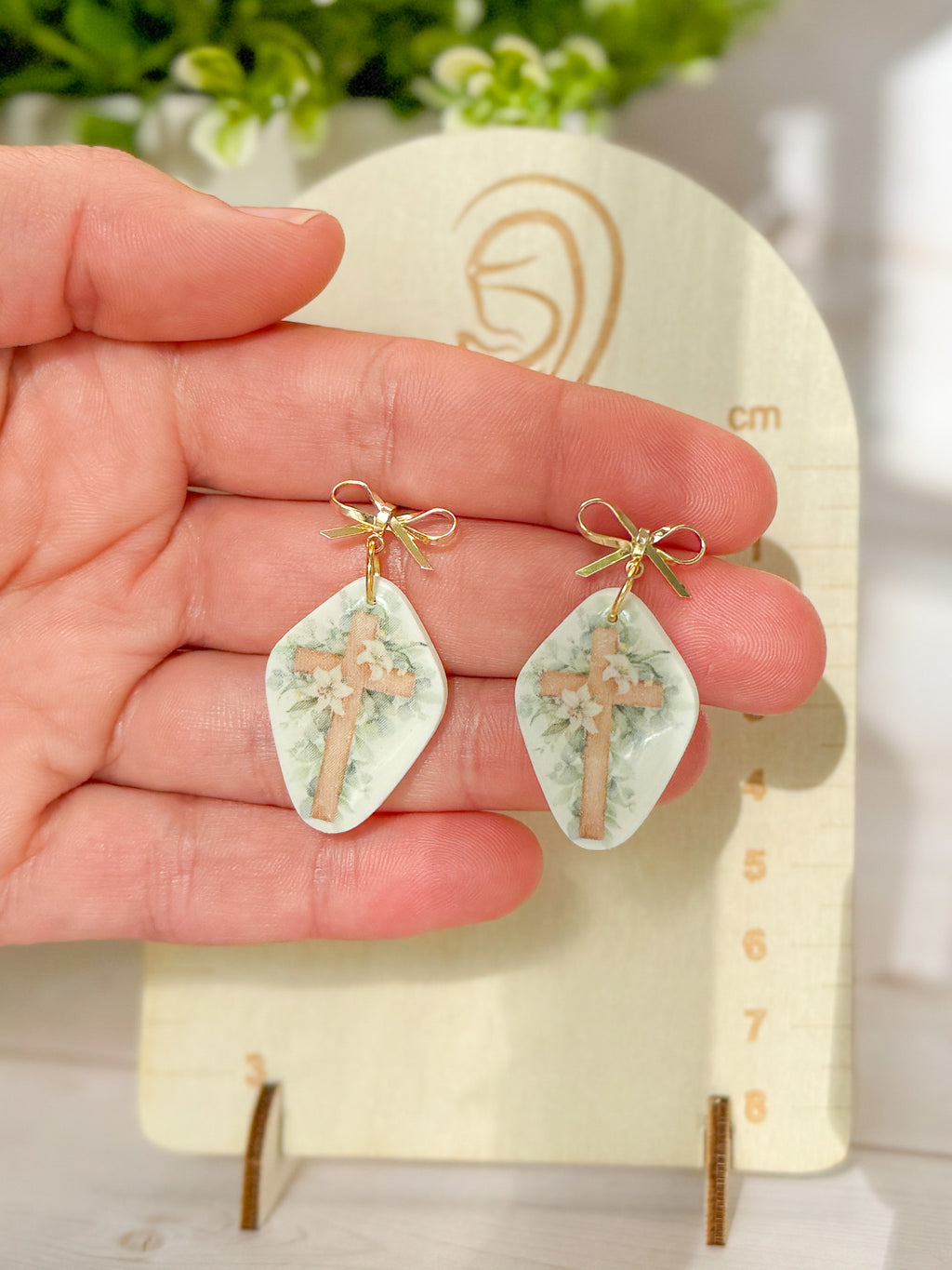 RG6 Faith Inspired Cross Earrings Gold Bow | Christian Gift | Handmade Statement Jewelry