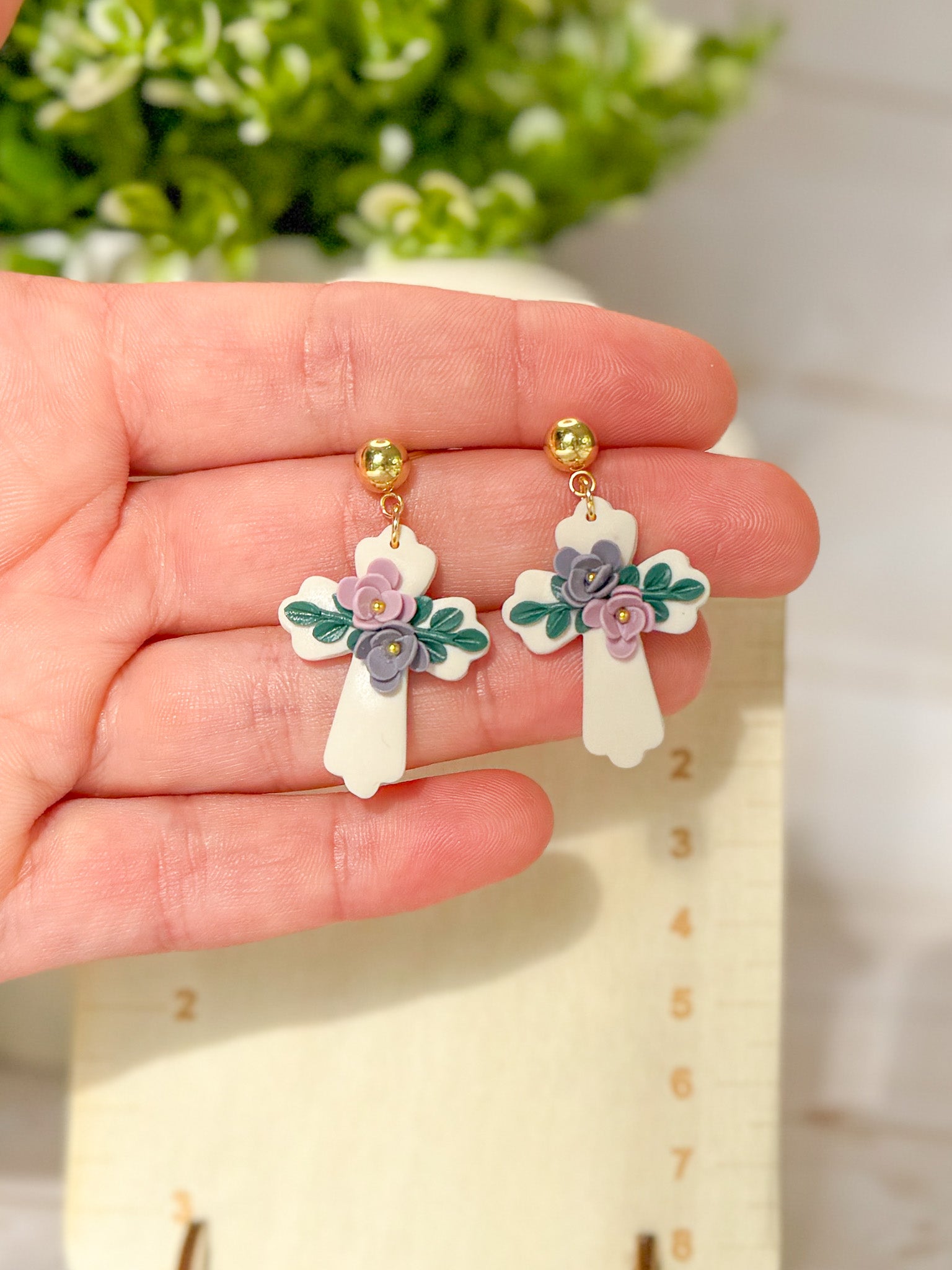 RG8 Faith Inspired Cross Floral & Gold Earrings | Christian Gift | Handmade Statement Jewelry