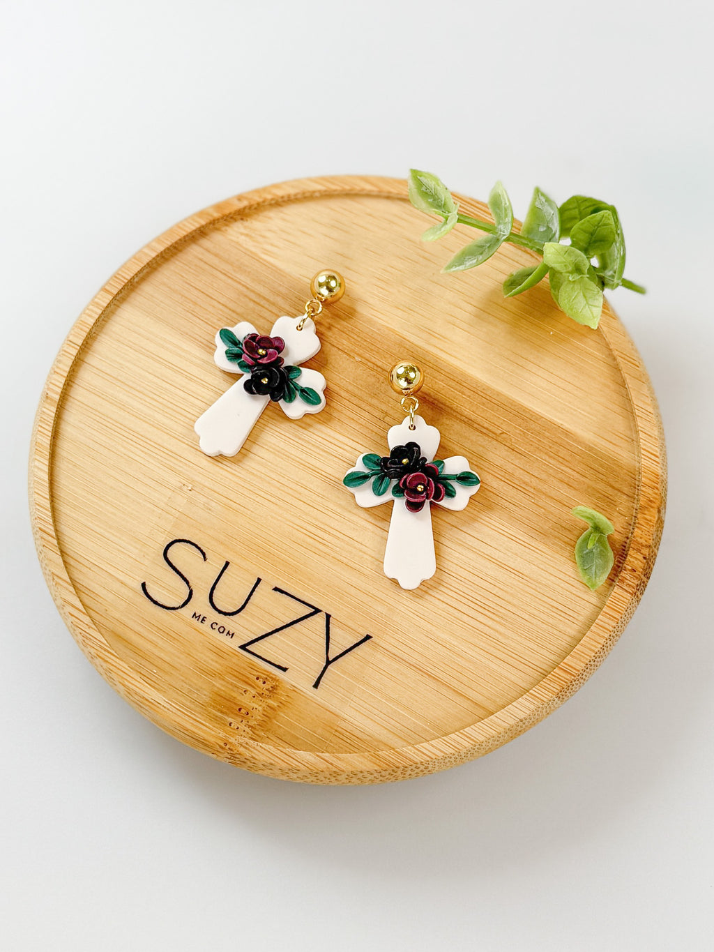 RG8 Faith Inspired Cross Floral & Gold Earrings | Christian Gift | Handmade Statement Jewelry