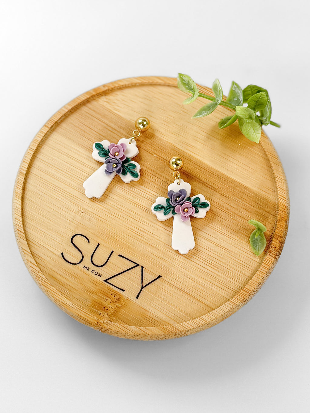 RG8 Faith Inspired Cross Floral & Gold Earrings | Christian Gift | Handmade Statement Jewelry