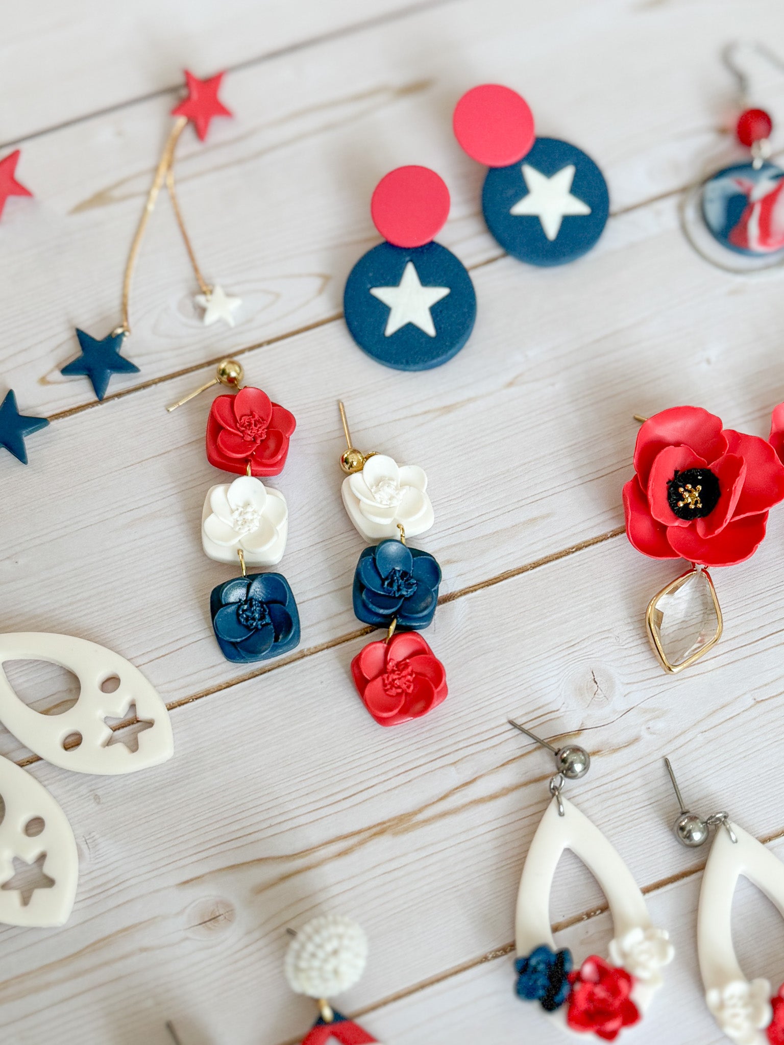 FSS12 Americana Red White and Blue Stars & Stripes Earrings | Patriotic Handmade Polymer Clay Hypoallergenic | 4th of July