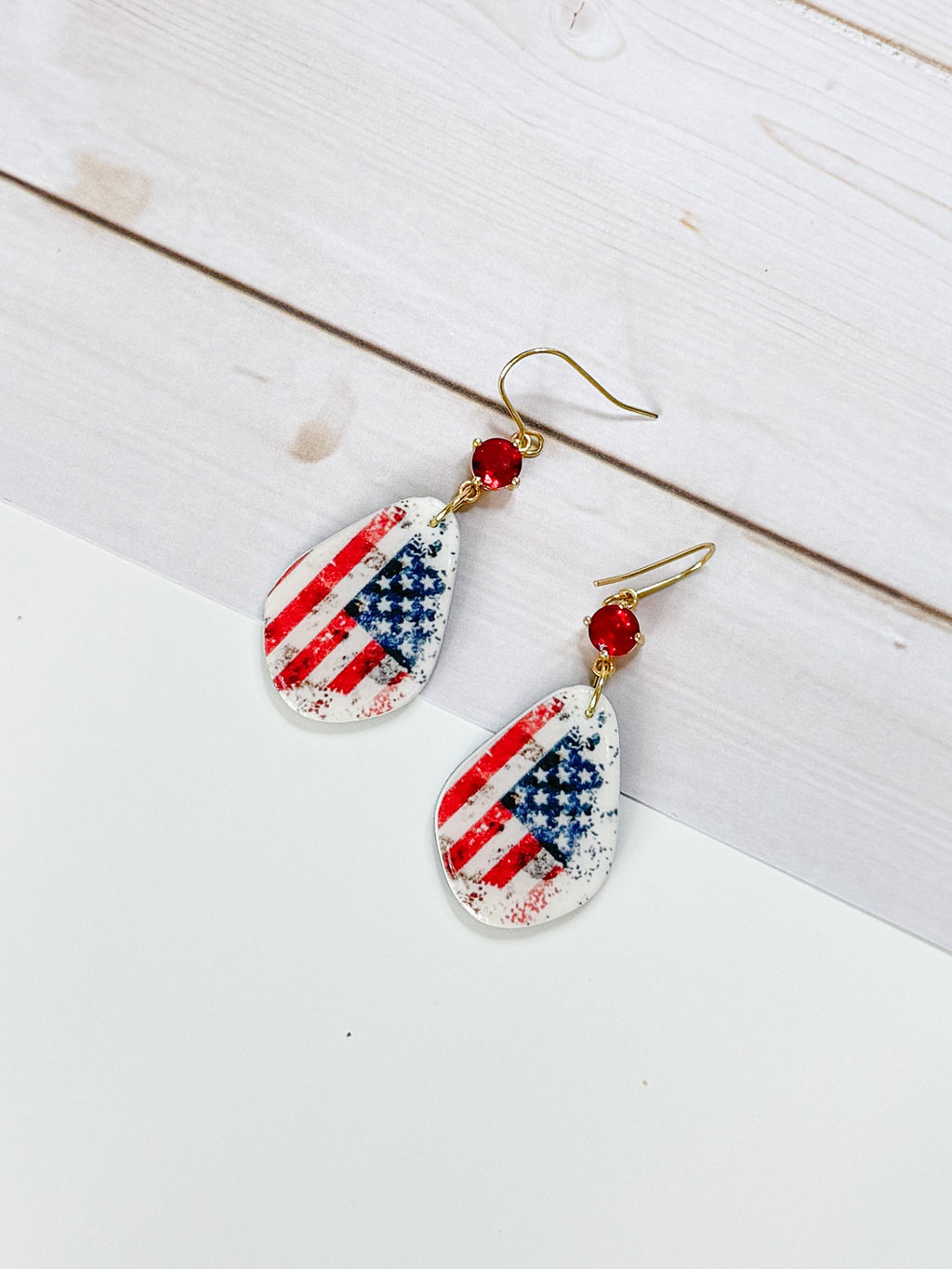 FSS8 Americana Red White and Blue Stars & Stripes Earrings | Patriotic Handmade Polymer Clay Hypoallergenic | 4th of July | Glass Crystal