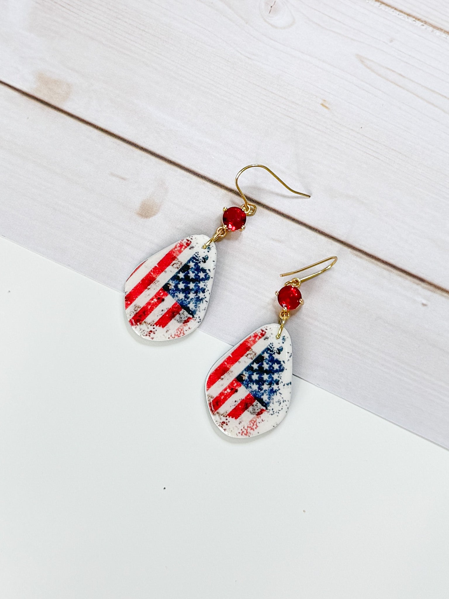 FSS8 Americana Red White and Blue Stars & Stripes Earrings | Patriotic Handmade Polymer Clay Hypoallergenic | 4th of July | Glass Crystal
