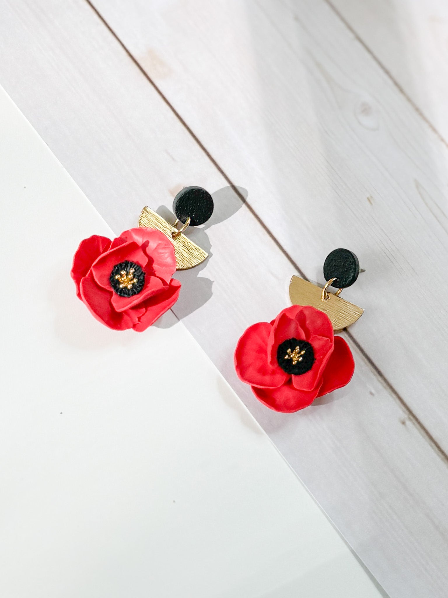 FSS4 Memorial Day Red & Black Poppy Flower Earrings | Handmade Polymer Clay Hypoallergenic