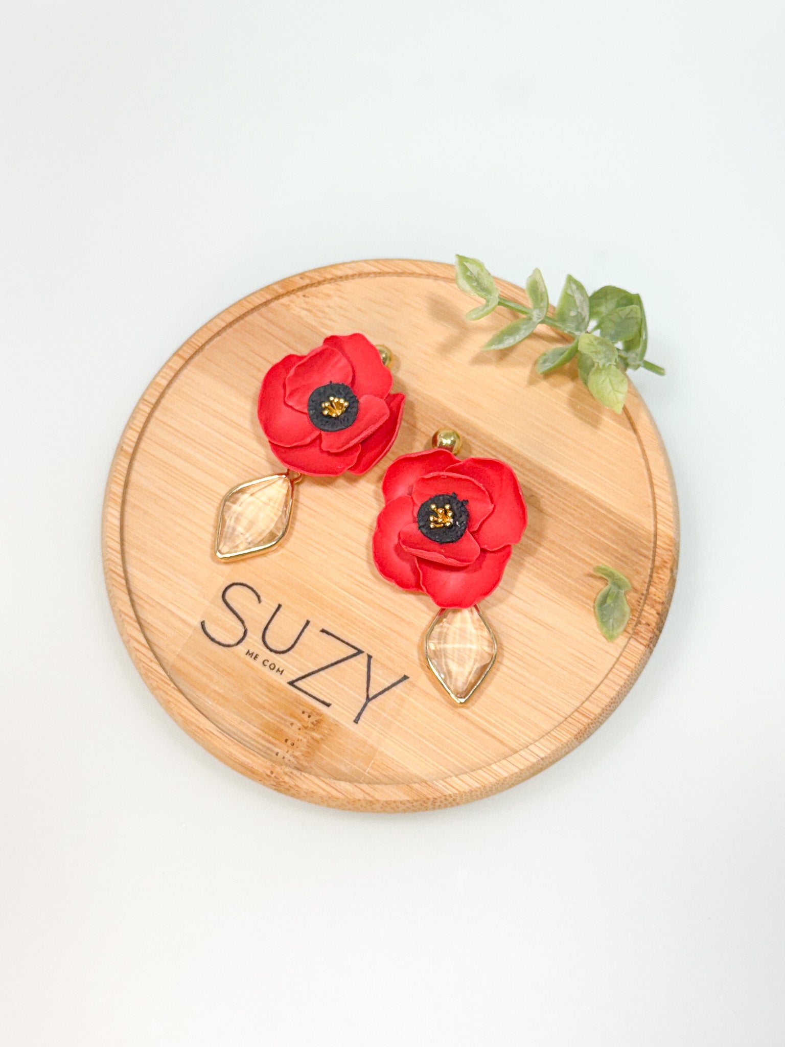 FSS3 Memorial Day Red & Gold Poppy Flower Earrings | Handmade Polymer Clay Hypoallergenic | Glass Crystal