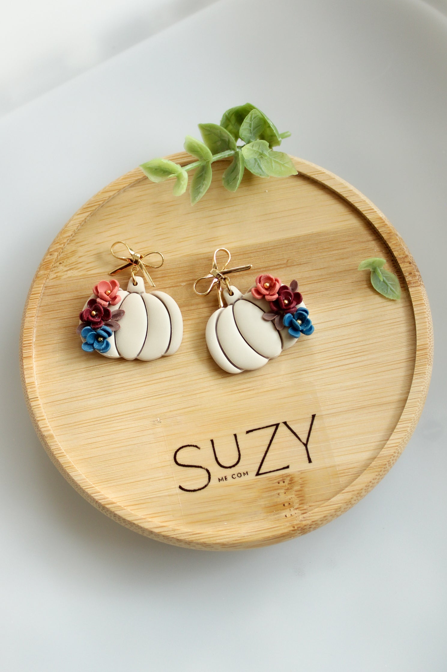 WA4 Autumn Floral Pumpkin Ribbon Bow Earrings | Handmade Polymer Clay Dangle Earrings |&nbsp;Lightweight Romantic Fall Jewelry| Boutique Gift for Her