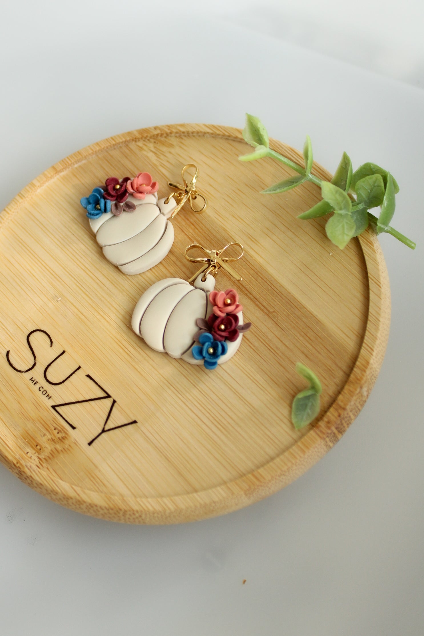 WA4 Autumn Floral Pumpkin Ribbon Bow Earrings | Handmade Polymer Clay Dangle Earrings |&nbsp;Lightweight Romantic Fall Jewelry| Boutique Gift for Her