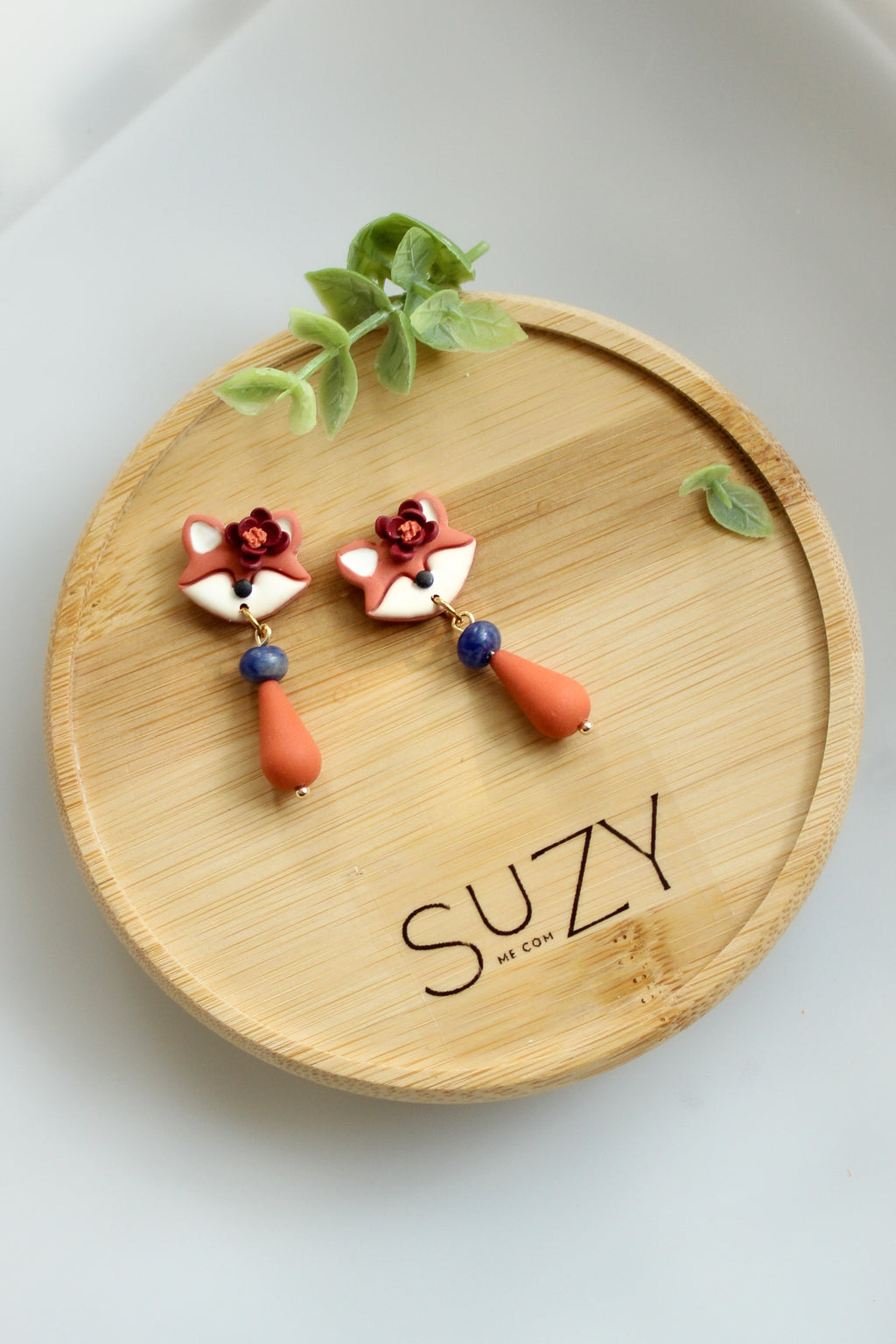 WA14 Whimsical Autumn Fox Earrings | Cute Fall Dangles with Wood | Handmade Polymer Clay Jewelry | Lightweight