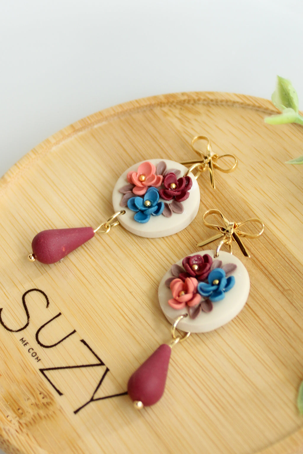 WA2 Autumn Floral Ribbon Bow Earrings | Handmade Polymer Clay Dangle Earrings | Lightweight Romantic Fall Jewelry| Boutique Gift for Her