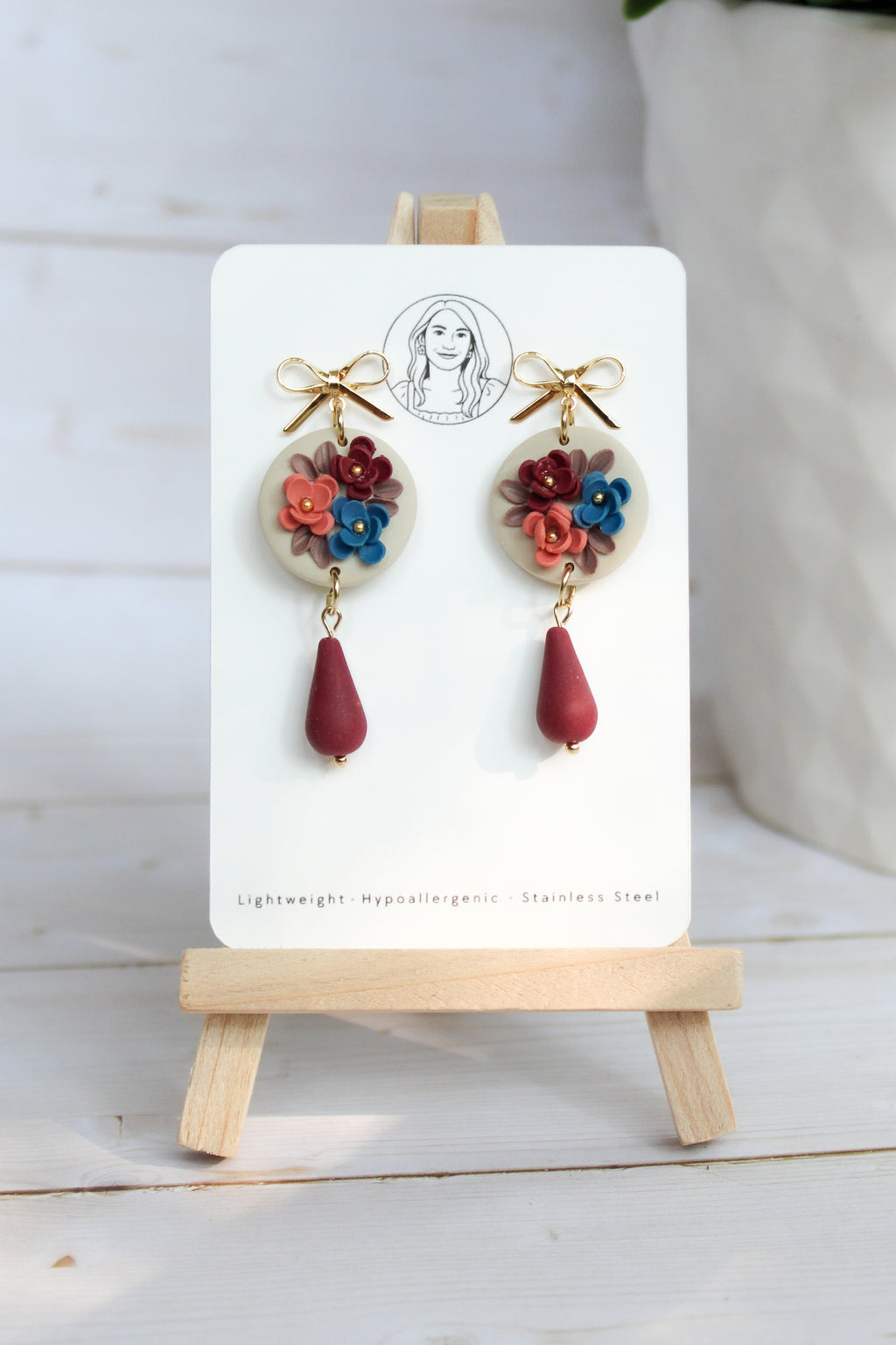 WA2 Autumn Floral Ribbon Bow Earrings | Handmade Polymer Clay Dangle Earrings | Lightweight Romantic Fall Jewelry| Boutique Gift for Her