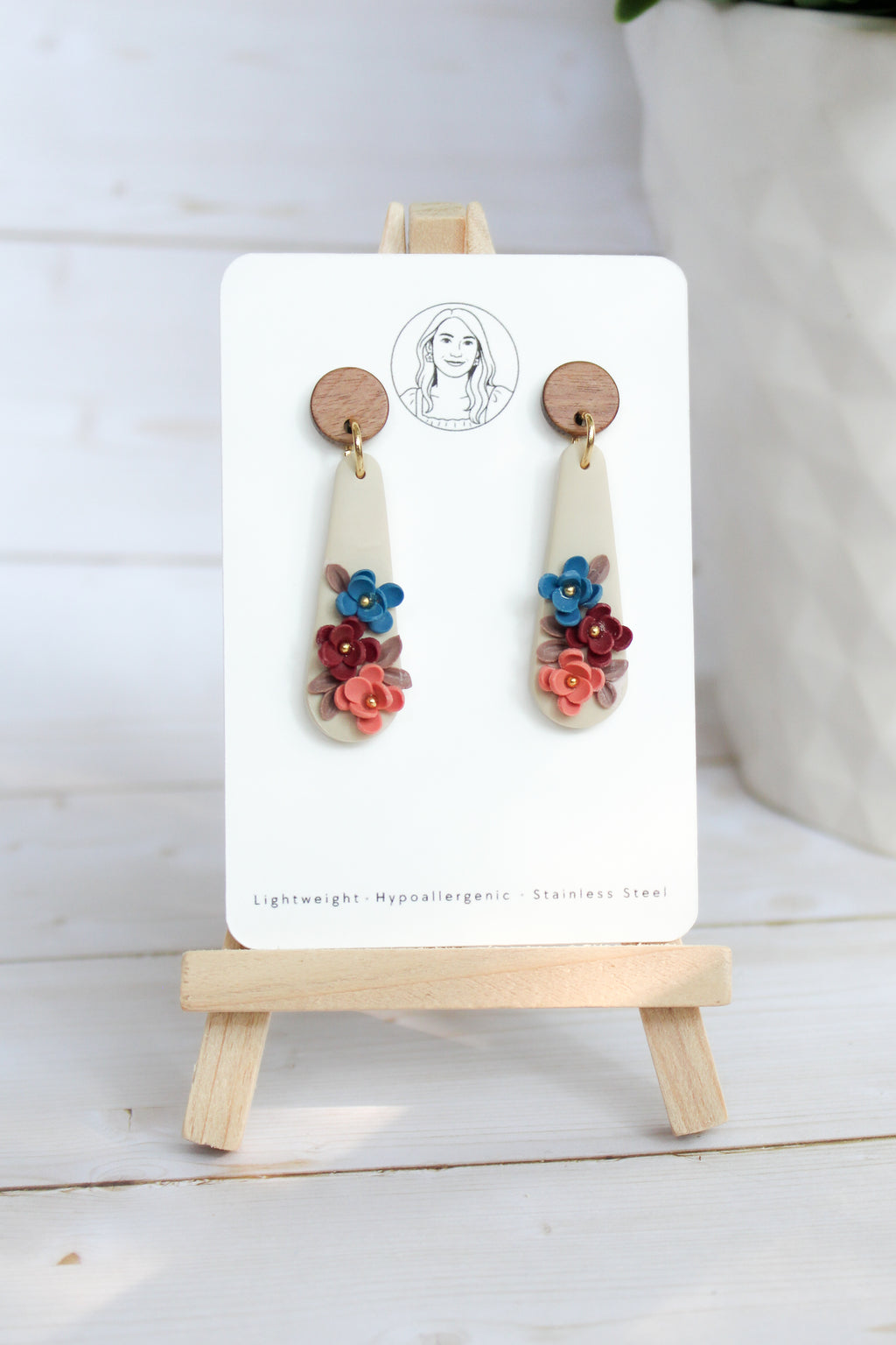 WA5 Autumn Floral Earrings | Handmade Polymer Clay Wood Dangle Earrings | Lightweight Romantic Fall Jewelry| Boutique Gift for Her