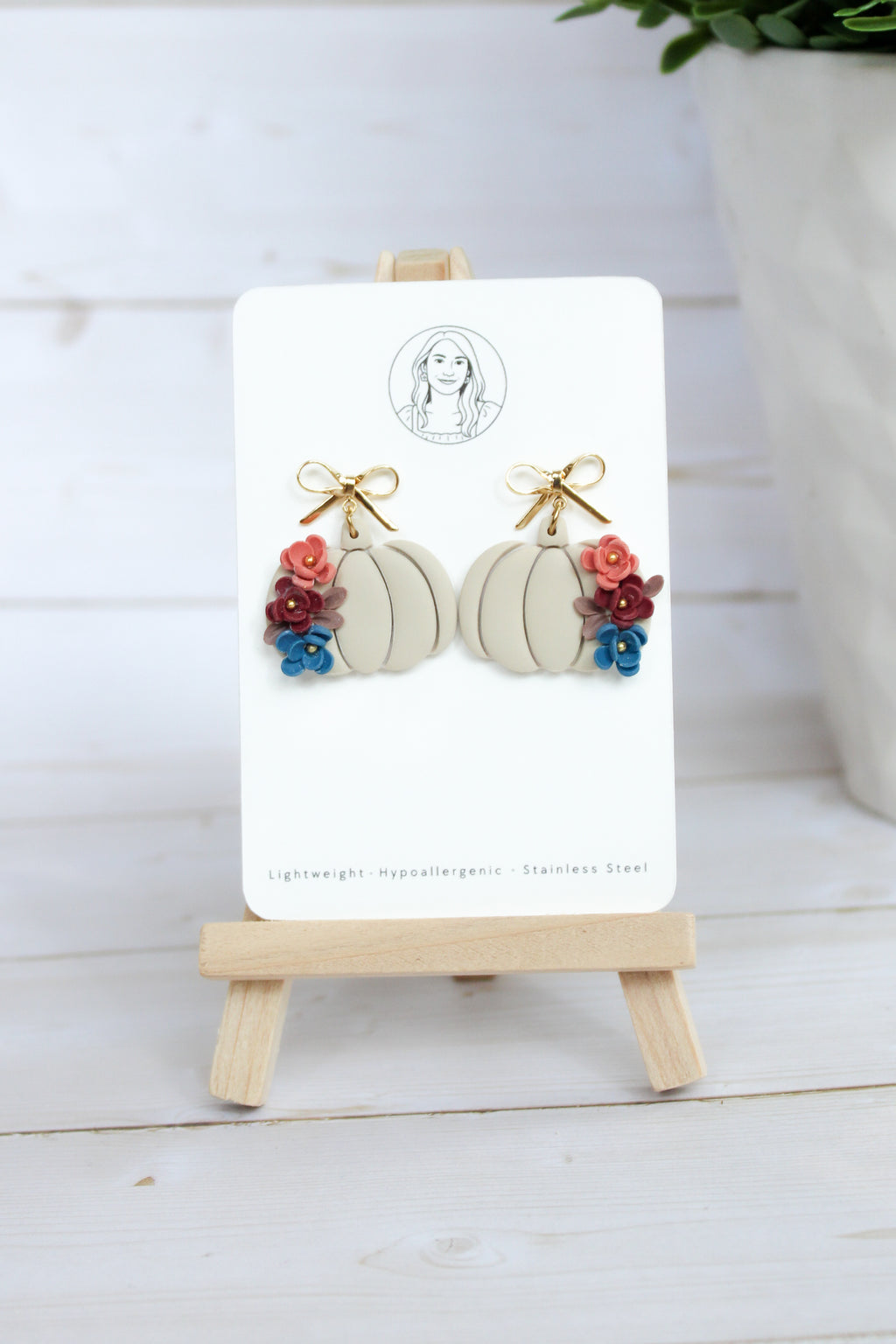 WA4 Autumn Floral Pumpkin Ribbon Bow Earrings | Handmade Polymer Clay Dangle Earrings |&nbsp;Lightweight Romantic Fall Jewelry| Boutique Gift for Her