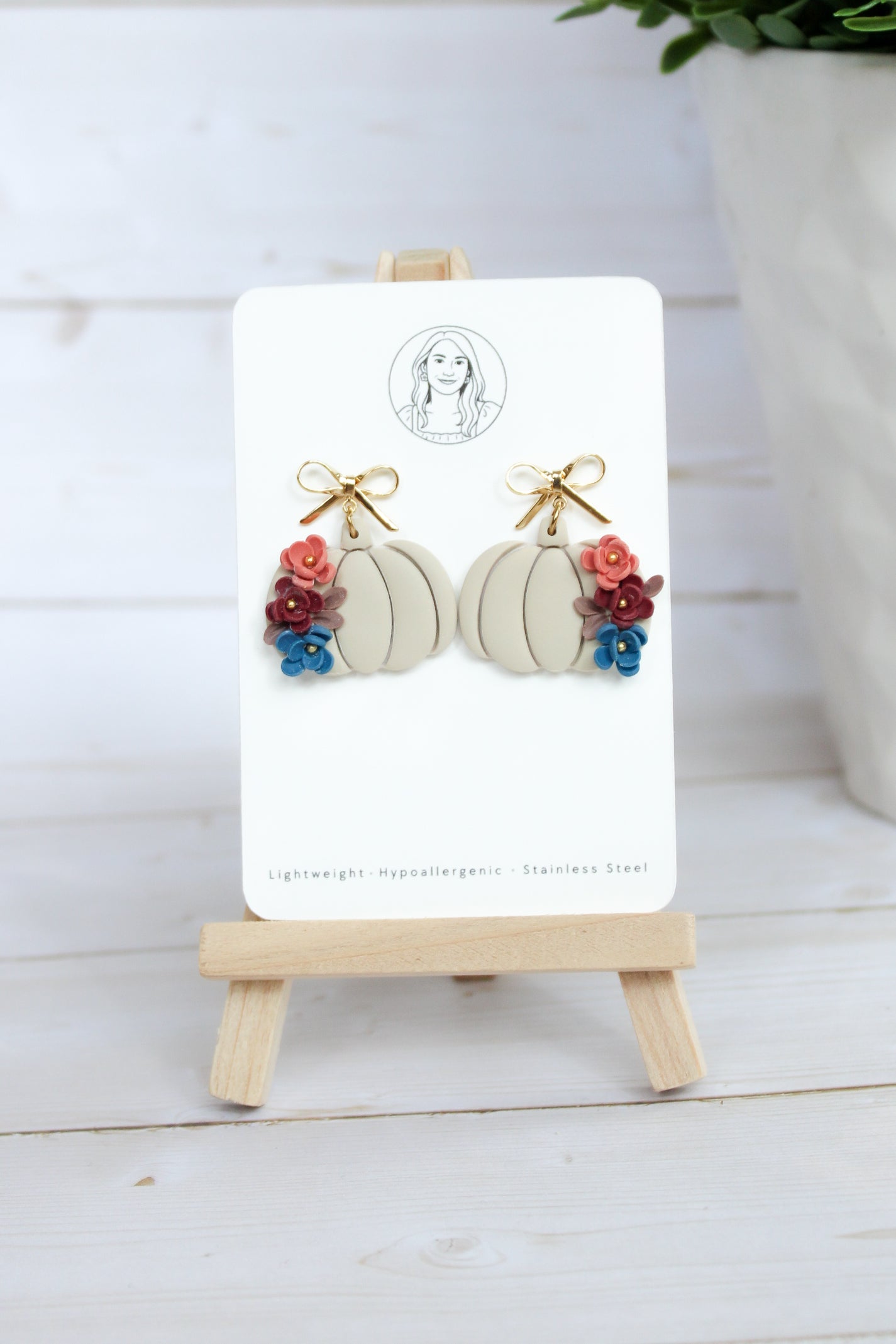 WA4 Autumn Floral Pumpkin Ribbon Bow Earrings | Handmade Polymer Clay Dangle Earrings |&nbsp;Lightweight Romantic Fall Jewelry| Boutique Gift for Her