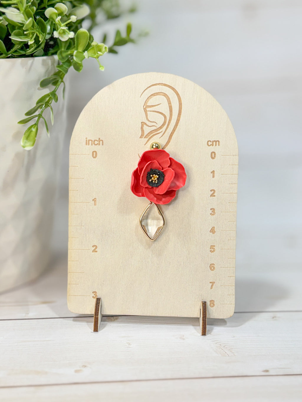 FSS3 Memorial Day Red & Gold Poppy Flower Earrings | Handmade Polymer Clay Hypoallergenic | Glass Crystal