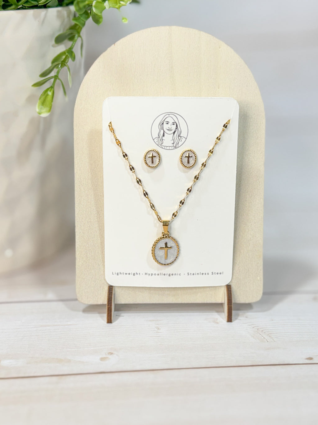 RG14 Faith Inspired Cross Earring & Necklace Set | Christian Gift | Delicate Jewelry | Stainless Steel Gold Plated Fine Jewelry
