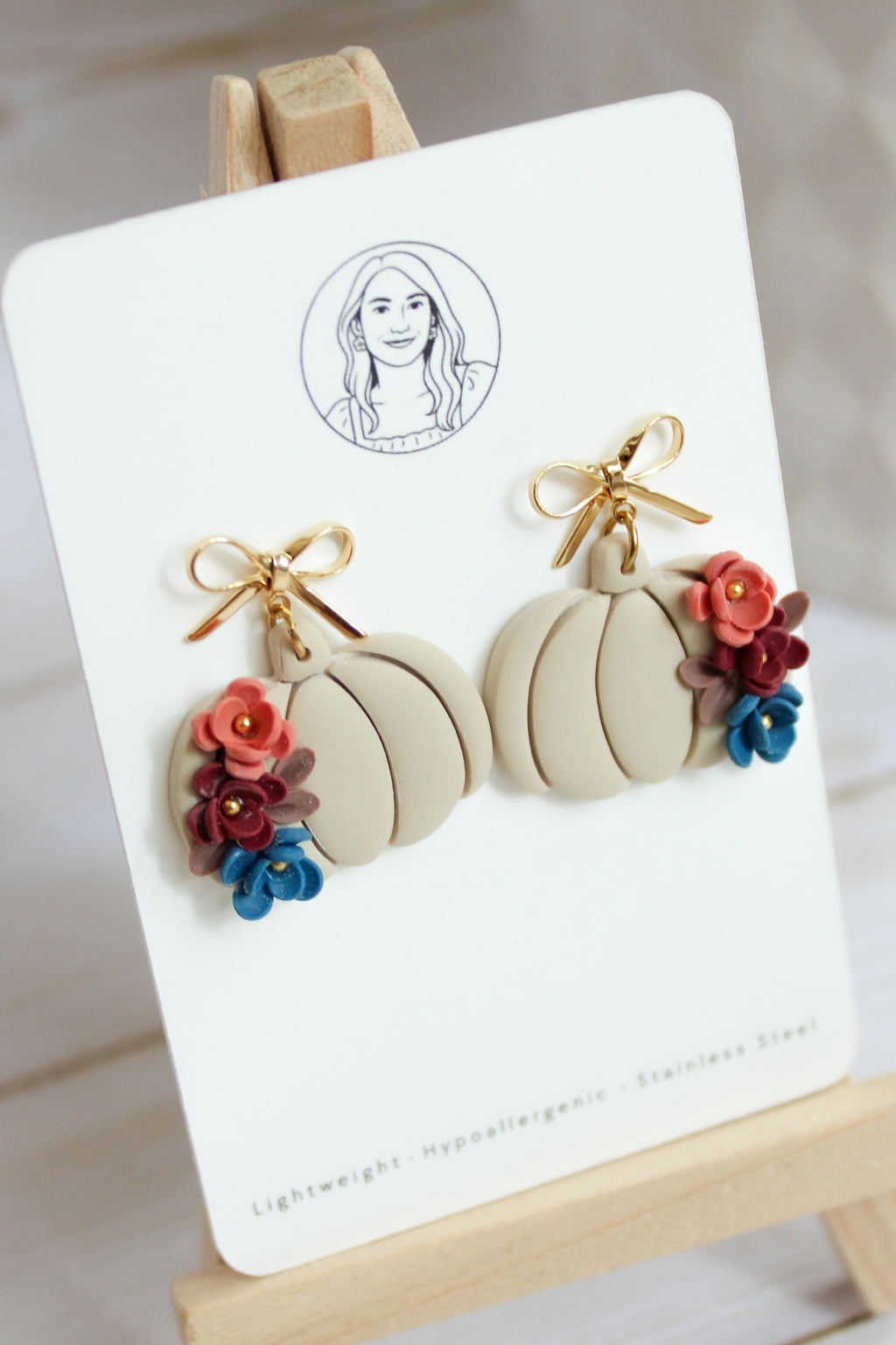 WA4 Autumn Floral Pumpkin Ribbon Bow Earrings | Handmade Polymer Clay Dangle Earrings |&nbsp;Lightweight Romantic Fall Jewelry| Boutique Gift for Her