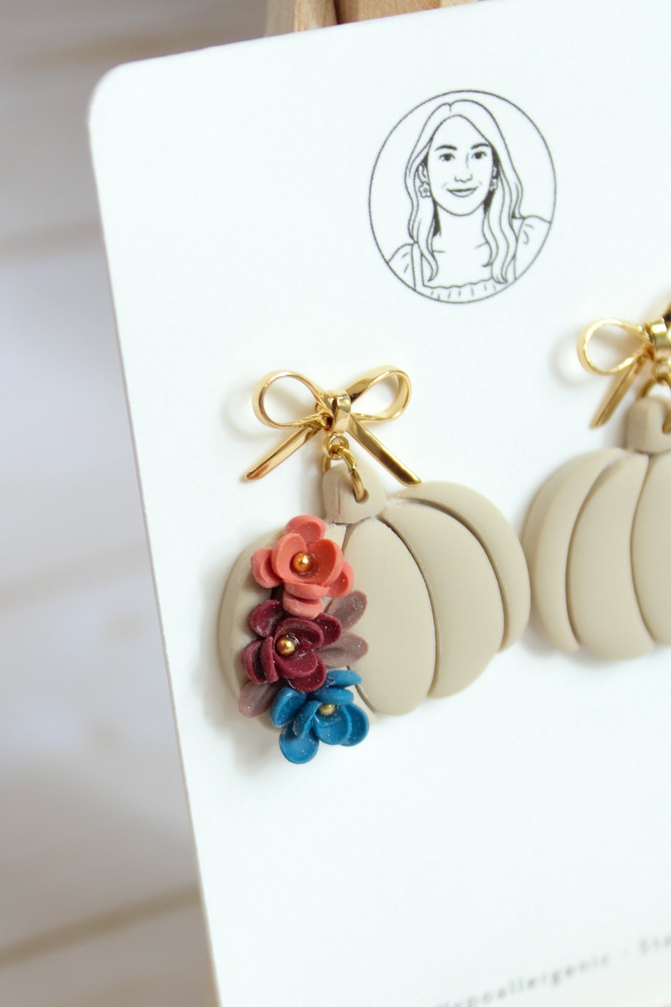 WA4 Autumn Floral Pumpkin Ribbon Bow Earrings | Handmade Polymer Clay Dangle Earrings |&nbsp;Lightweight Romantic Fall Jewelry| Boutique Gift for Her