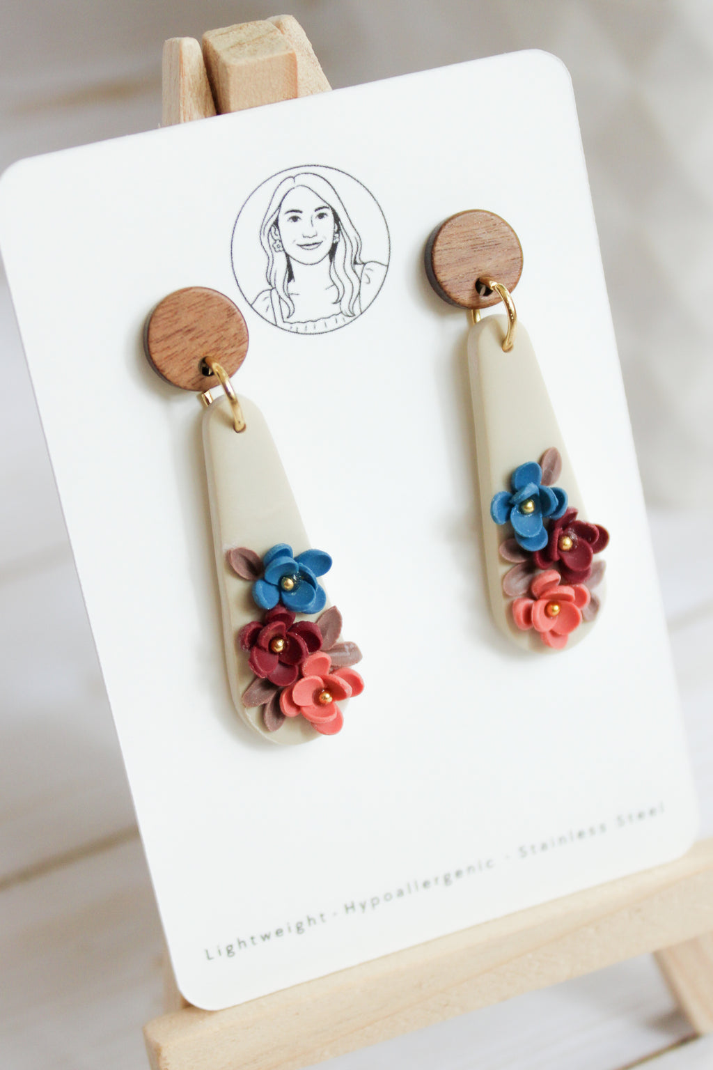 WA5 Autumn Floral Earrings | Handmade Polymer Clay Wood Dangle Earrings | Lightweight Romantic Fall Jewelry| Boutique Gift for Her
