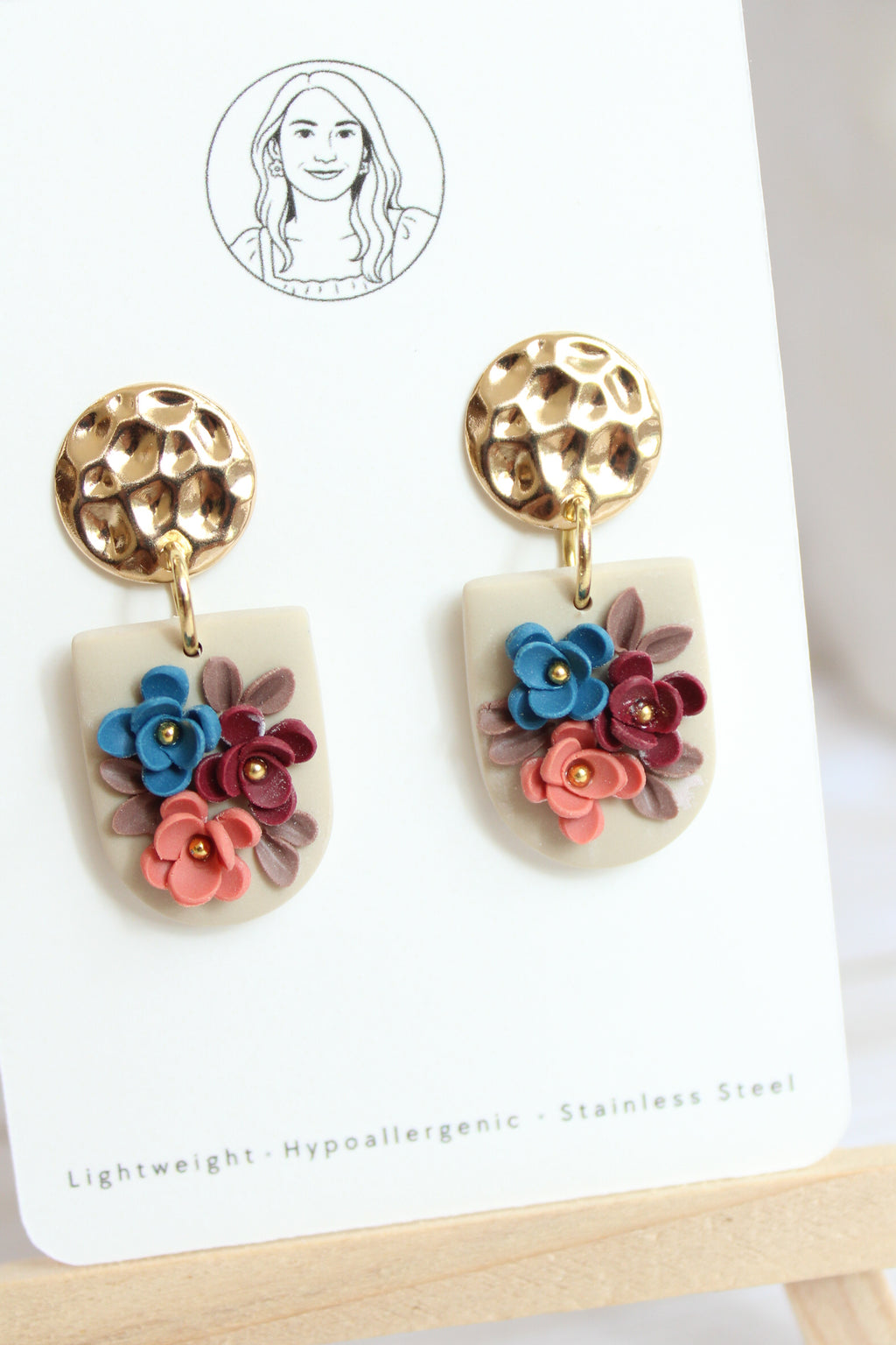 WA6 Autumn Floral Earrings | Handmade Polymer Clay Gold Dangle Earrings | Lightweight Romantic Fall Jewelry| Boutique Gift for Her