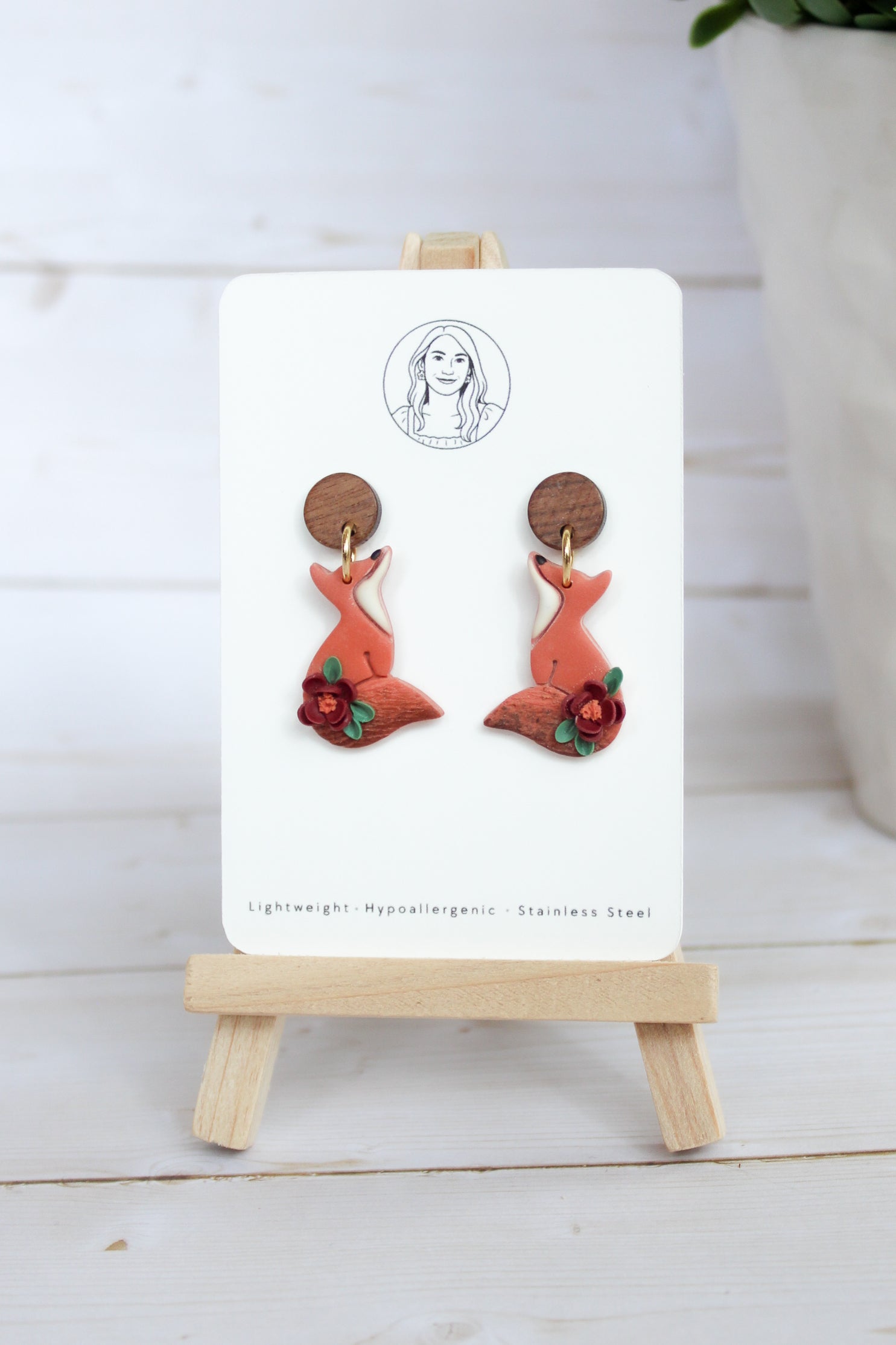 WA13 Whimsical Autumn Fox Earrings | Cute Fall Dangles with Wood | Handmade Polymer Clay Jewelry | Lightweight