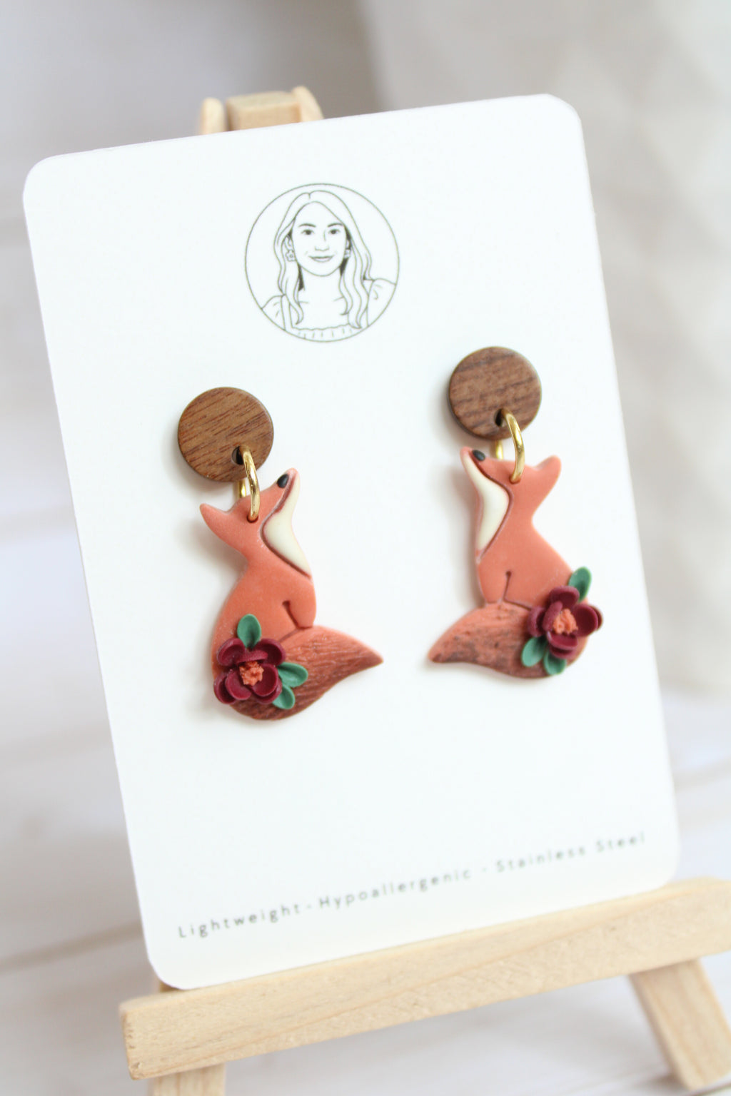 WA13 Whimsical Autumn Fox Earrings | Cute Fall Dangles with Wood | Handmade Polymer Clay Jewelry | Lightweight