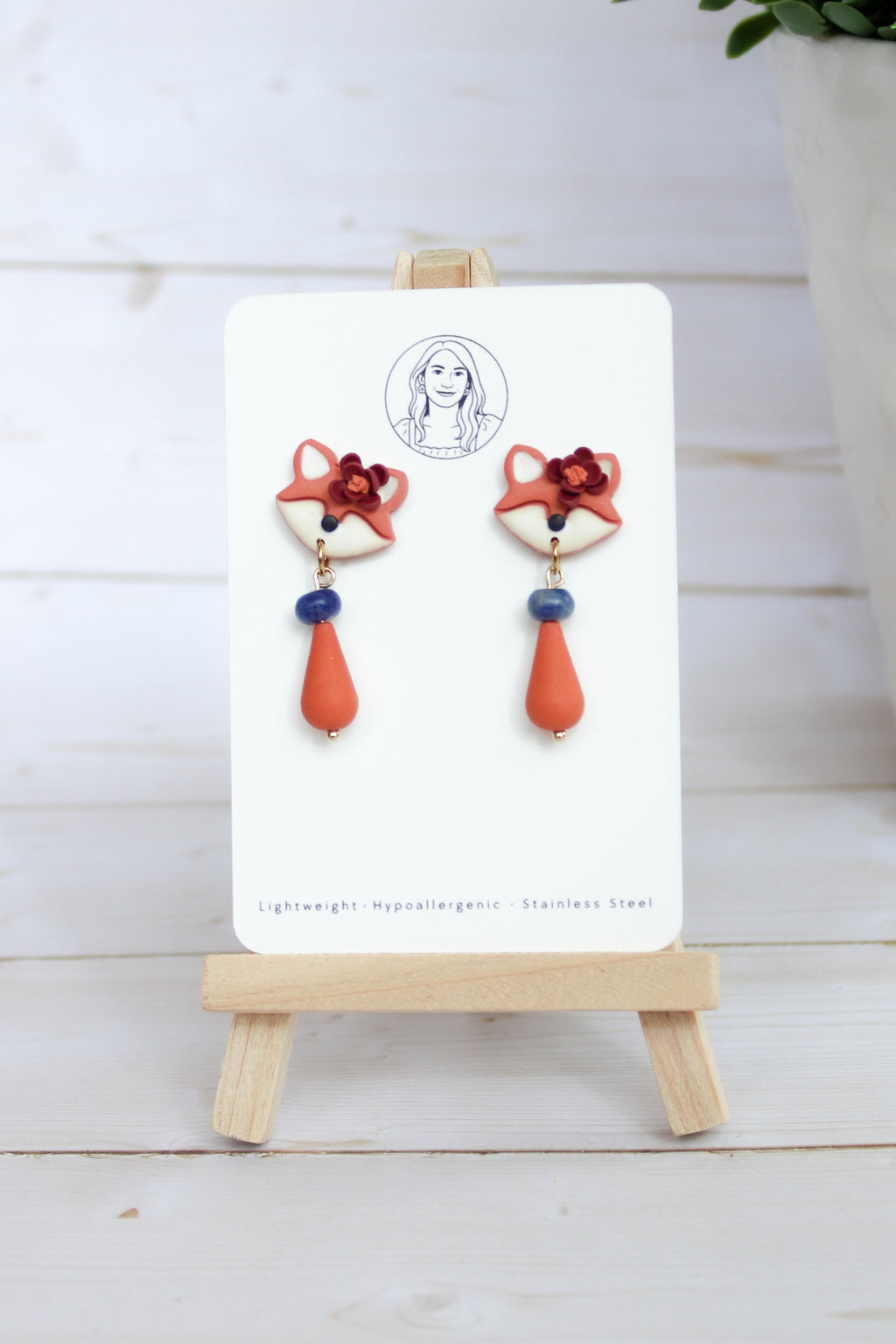 WA14 Whimsical Autumn Fox Earrings | Cute Fall Dangles with Wood | Handmade Polymer Clay Jewelry | Lightweight