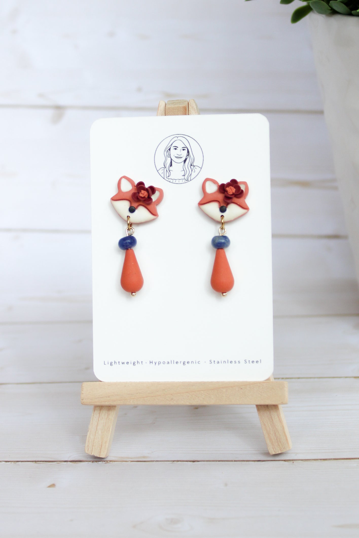 WA14 Whimsical Autumn Fox Earrings | Cute Fall Dangles with Wood | Handmade Polymer Clay Jewelry | Lightweight