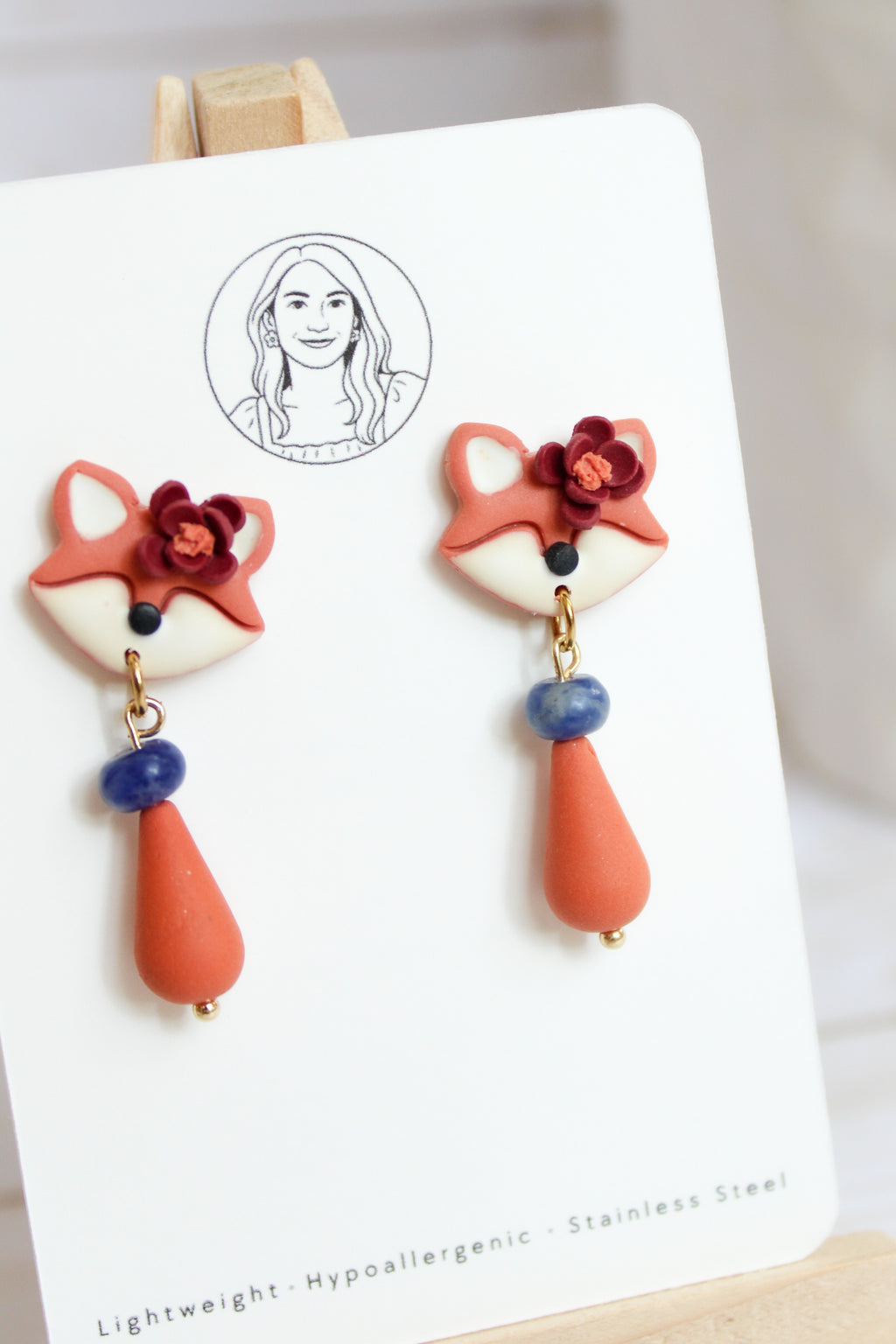 WA14 Whimsical Autumn Fox Earrings | Cute Fall Dangles with Wood | Handmade Polymer Clay Jewelry | Lightweight