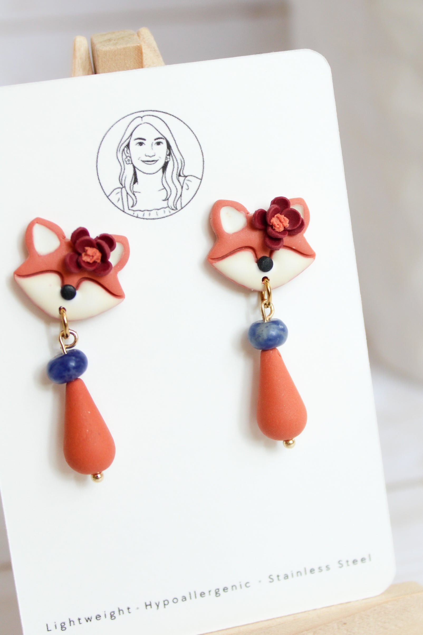 WA14 Whimsical Autumn Fox Earrings | Cute Fall Dangles with Wood | Handmade Polymer Clay Jewelry | Lightweight