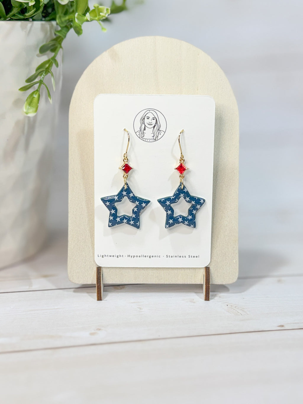 FSS17 Americana Red White and Blue Stars & Stripes Earrings | Patriotic Handmade Polymer Clay Hypoallergenic | 4th of July | Glass Crystal