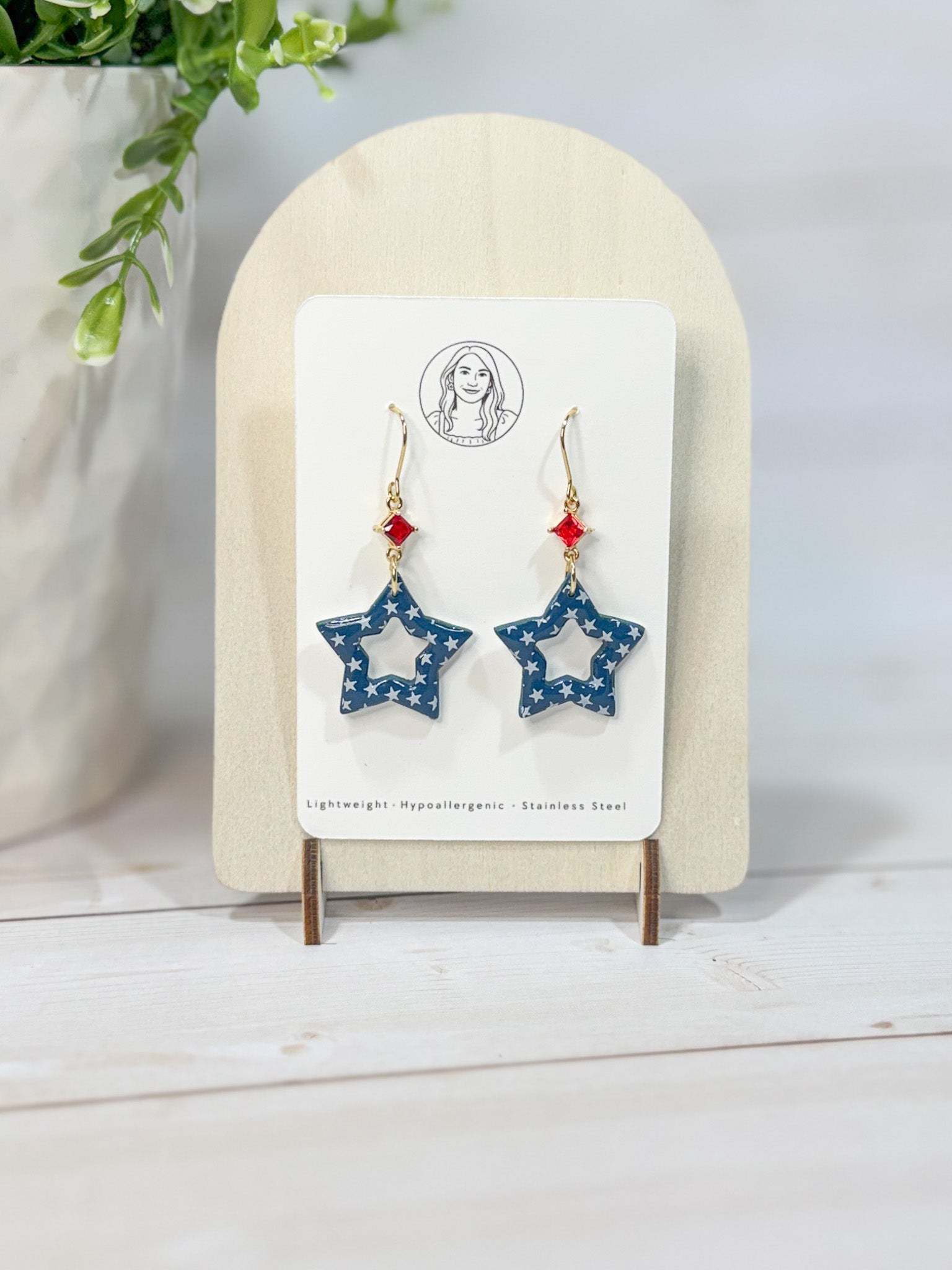 FSS17 Americana Red White and Blue Stars & Stripes Earrings | Patriotic Handmade Polymer Clay Hypoallergenic | 4th of July | Glass Crystal