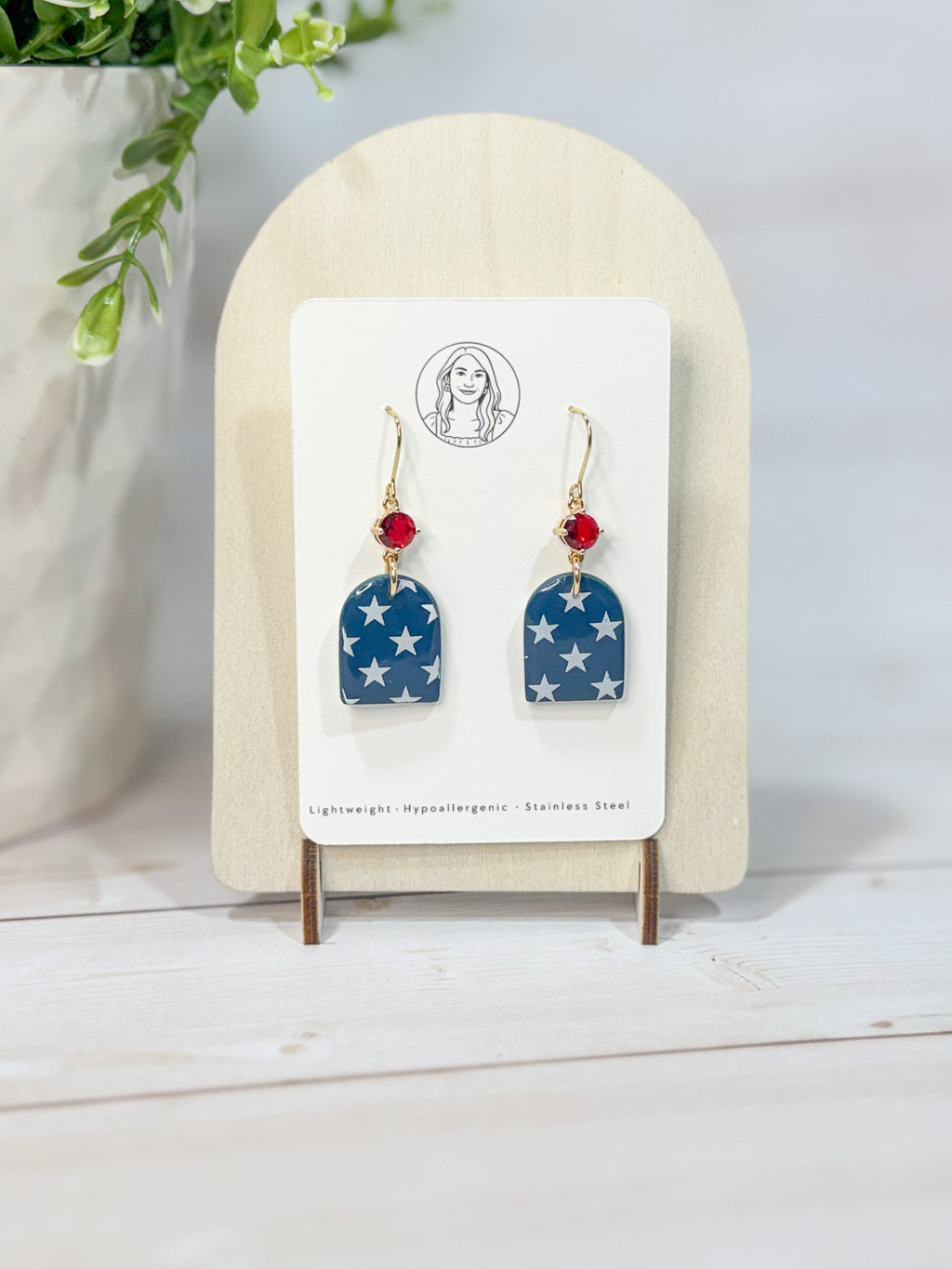 FSS14 Americana Red White and Blue Stars & Stripes Earrings | Patriotic Handmade Polymer Clay Hypoallergenic | 4th of July | Glass Crystal