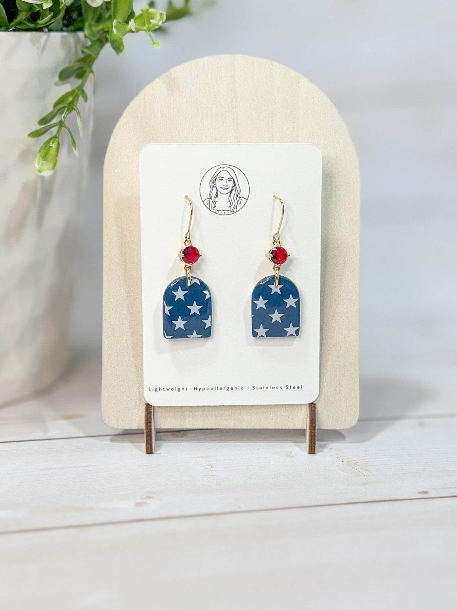 FSS14 Americana Red White and Blue Stars & Stripes Earrings | Patriotic Handmade Polymer Clay Hypoallergenic | 4th of July | Glass Crystal