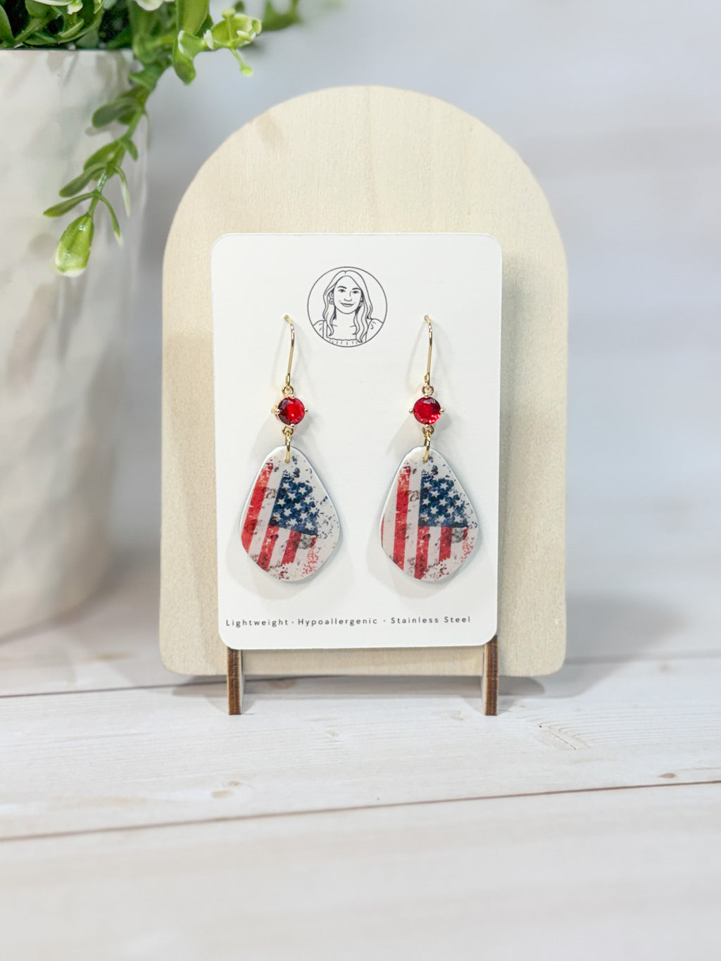 FSS8 Americana Red White and Blue Stars & Stripes Earrings | Patriotic Handmade Polymer Clay Hypoallergenic | 4th of July | Glass Crystal