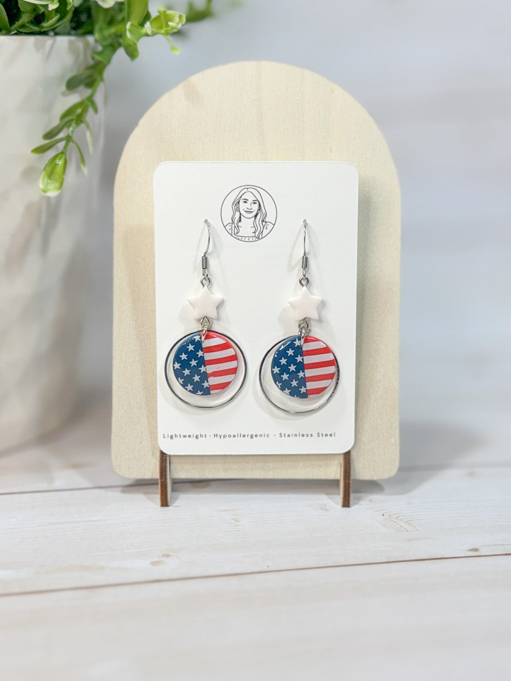 FSS5 American Flag Red White and Blue Stars & Stripes Earrings | Patriotic Handmade Polymer Clay Hypoallergenic | 4th of July