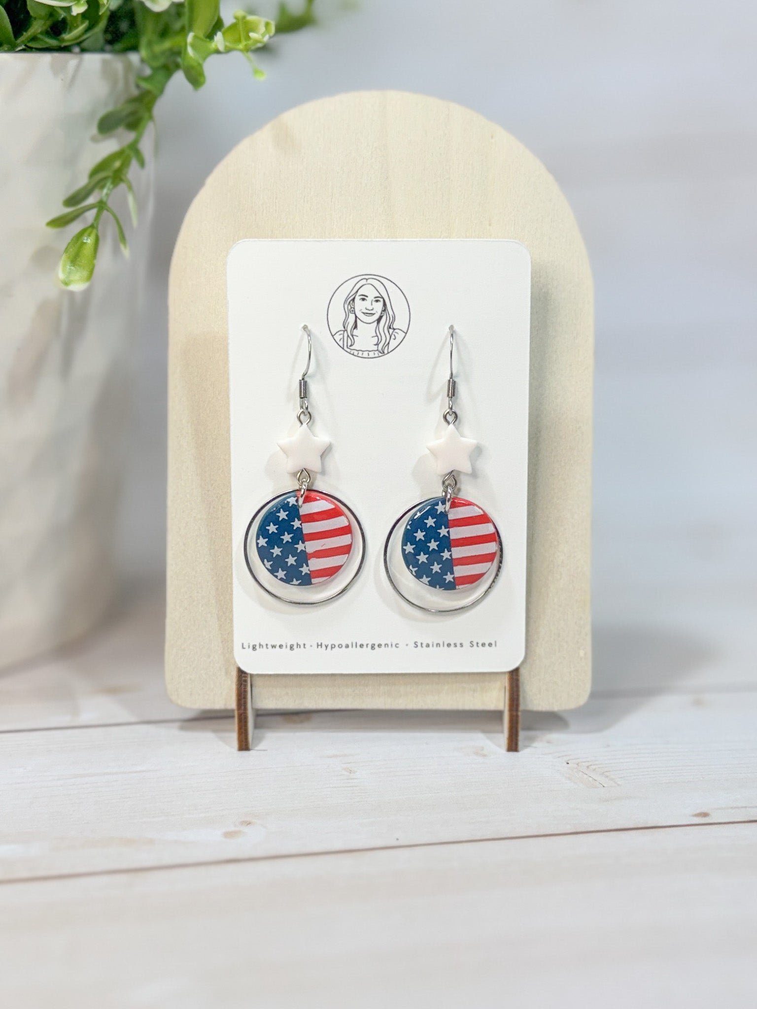 FSS5 American Flag Red White and Blue Stars & Stripes Earrings | Patriotic Handmade Polymer Clay Hypoallergenic | 4th of July