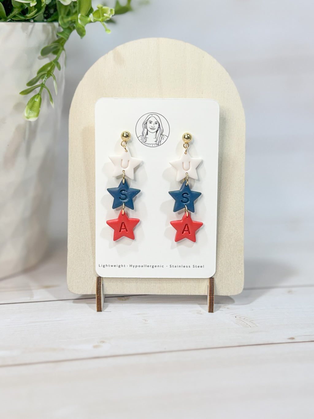 FSS13 Americana Red White and Blue Stars & Stripes Earrings | Patriotic Handmade Polymer Clay Hypoallergenic | 4th of July