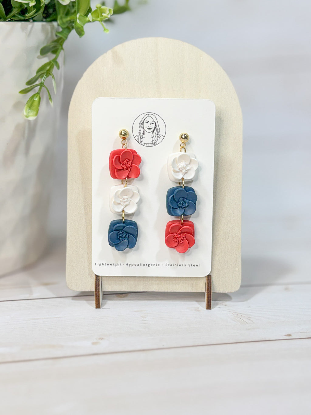 FSS11 Americana Red White and Blue Stars & Stripes Earrings | Patriotic Handmade Polymer Clay Hypoallergenic | 4th of July