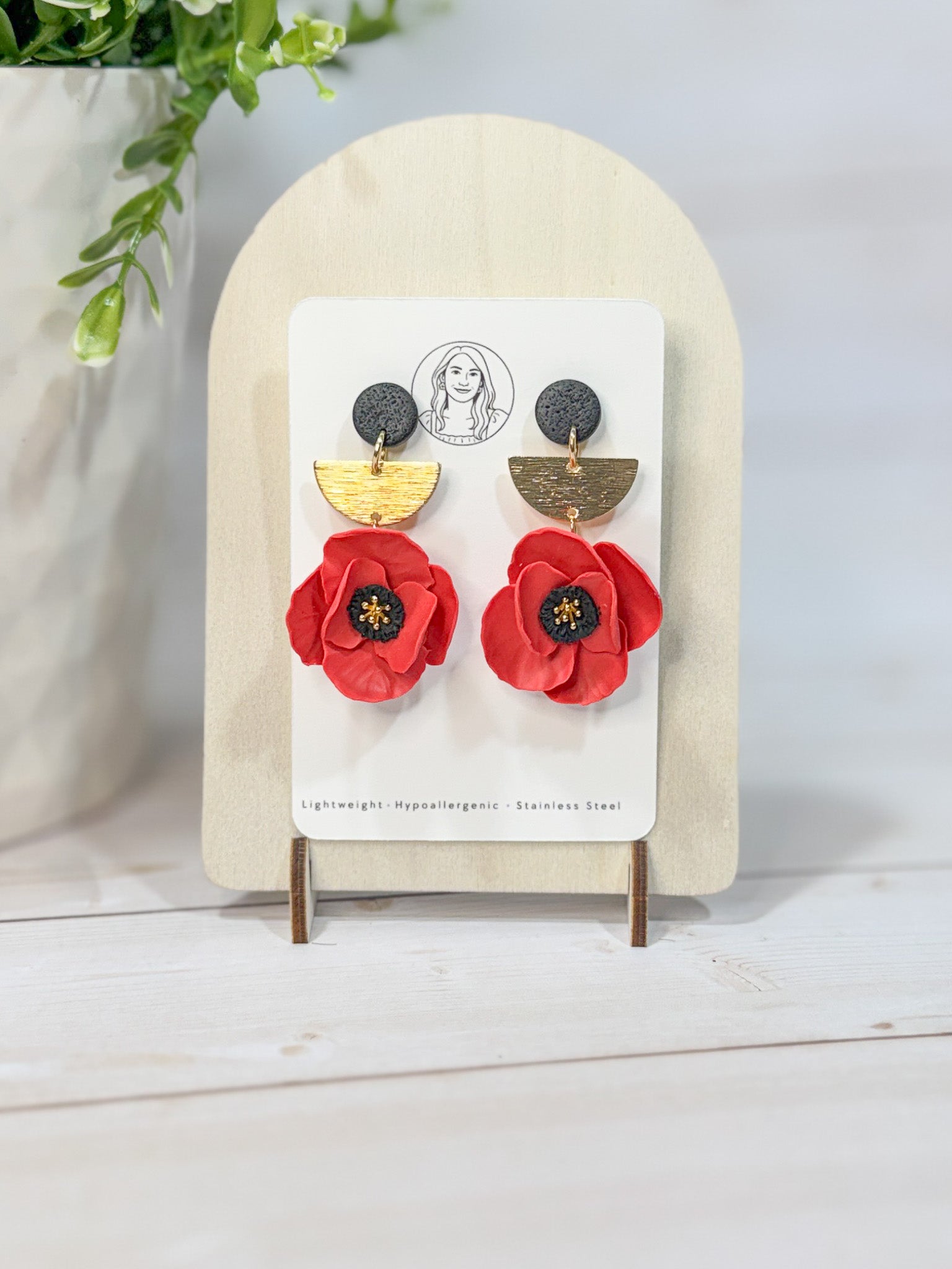 FSS4 Memorial Day Red & Black Poppy Flower Earrings | Handmade Polymer Clay Hypoallergenic