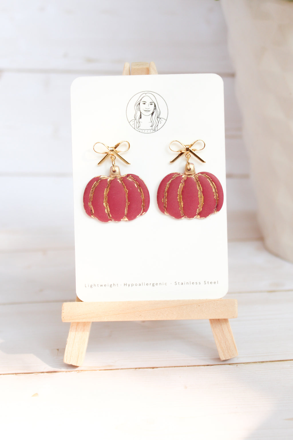 WA11 Autumn Pumpkin Gold Detail Earrings | Ribbon Bow Fall Dangles | Handmade Polymer Clay Jewelry | Lightweight .