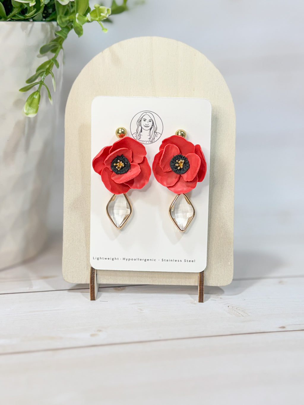 FSS3 Memorial Day Red & Gold Poppy Flower Earrings | Handmade Polymer Clay Hypoallergenic | Glass Crystal