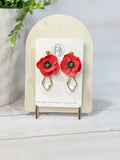 FSS3 Memorial Day Red & Gold Poppy Flower Earrings | Handmade Polymer Clay Hypoallergenic | Glass Crystal