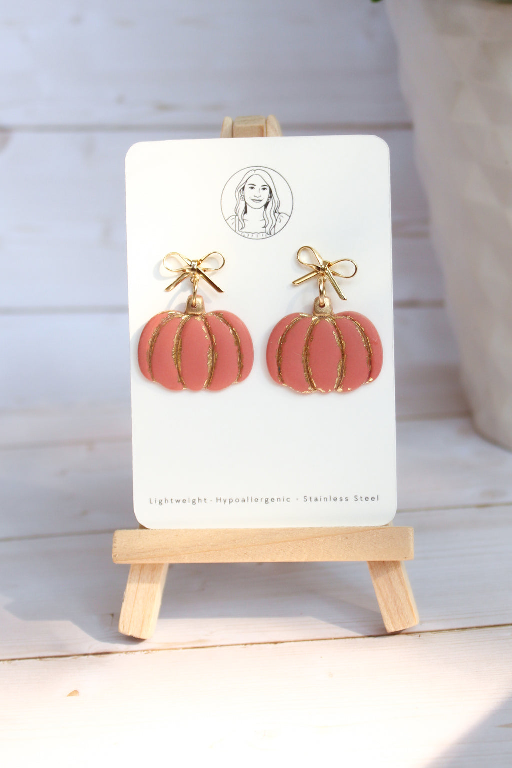 WA11 Autumn Pumpkin Gold Detail Earrings | Ribbon Bow Fall Dangles | Handmade Polymer Clay Jewelry | Lightweight .
